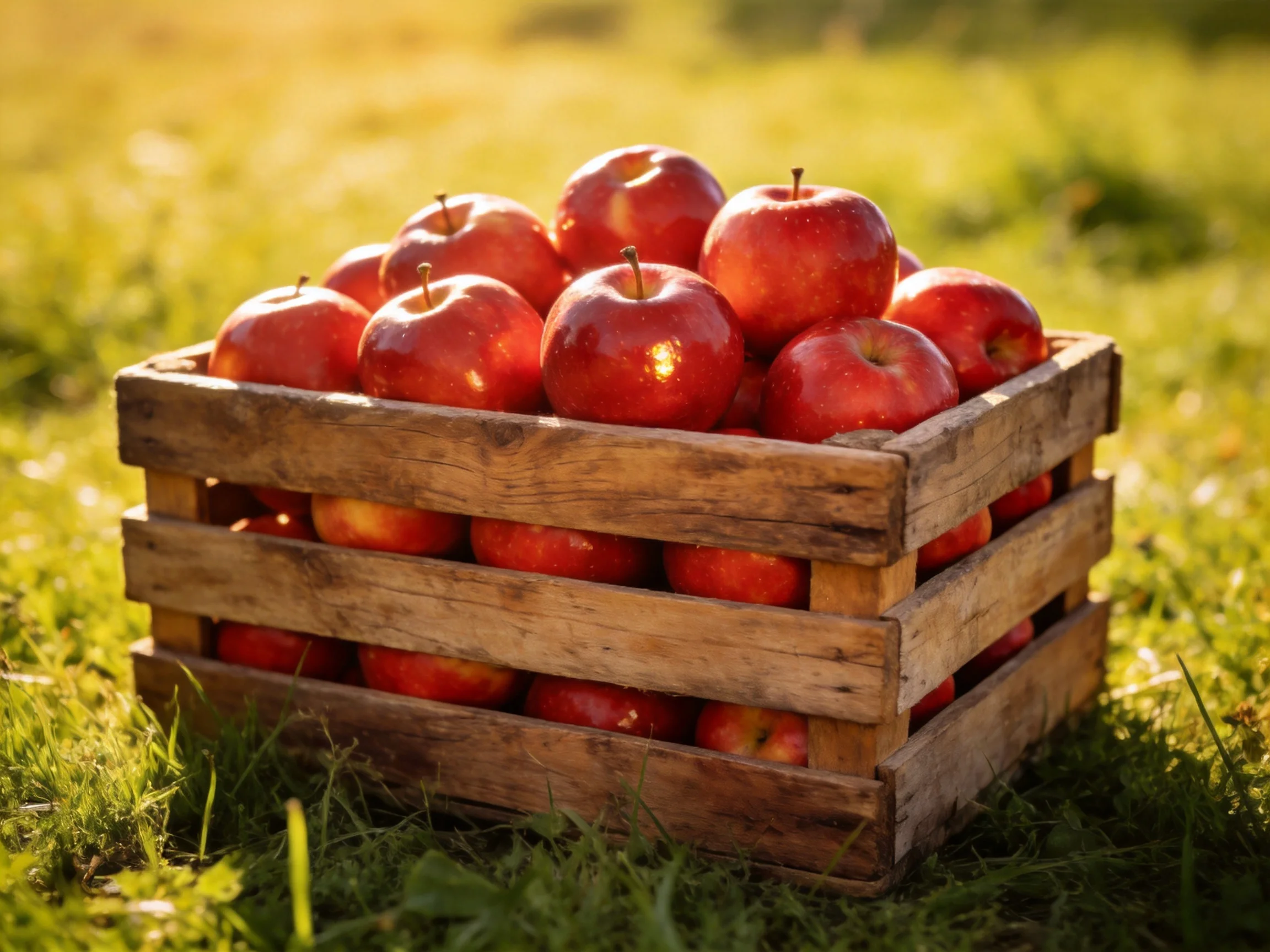 A rustic wooden crate brimming with vibrant red apples sits on grassy terrain