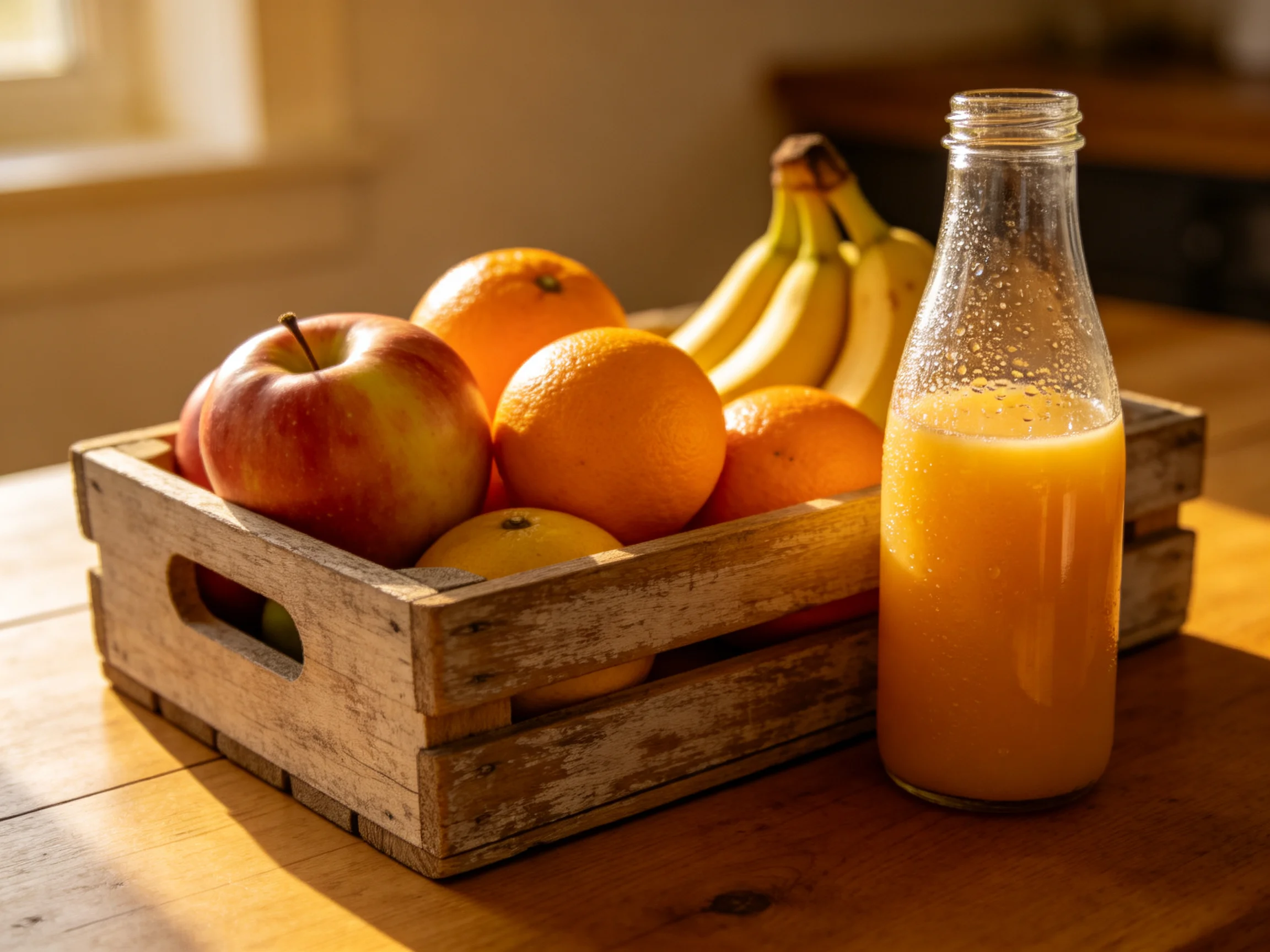A rustic wooden crate holds apples, oranges, and bananas near an orange juice bottle.
