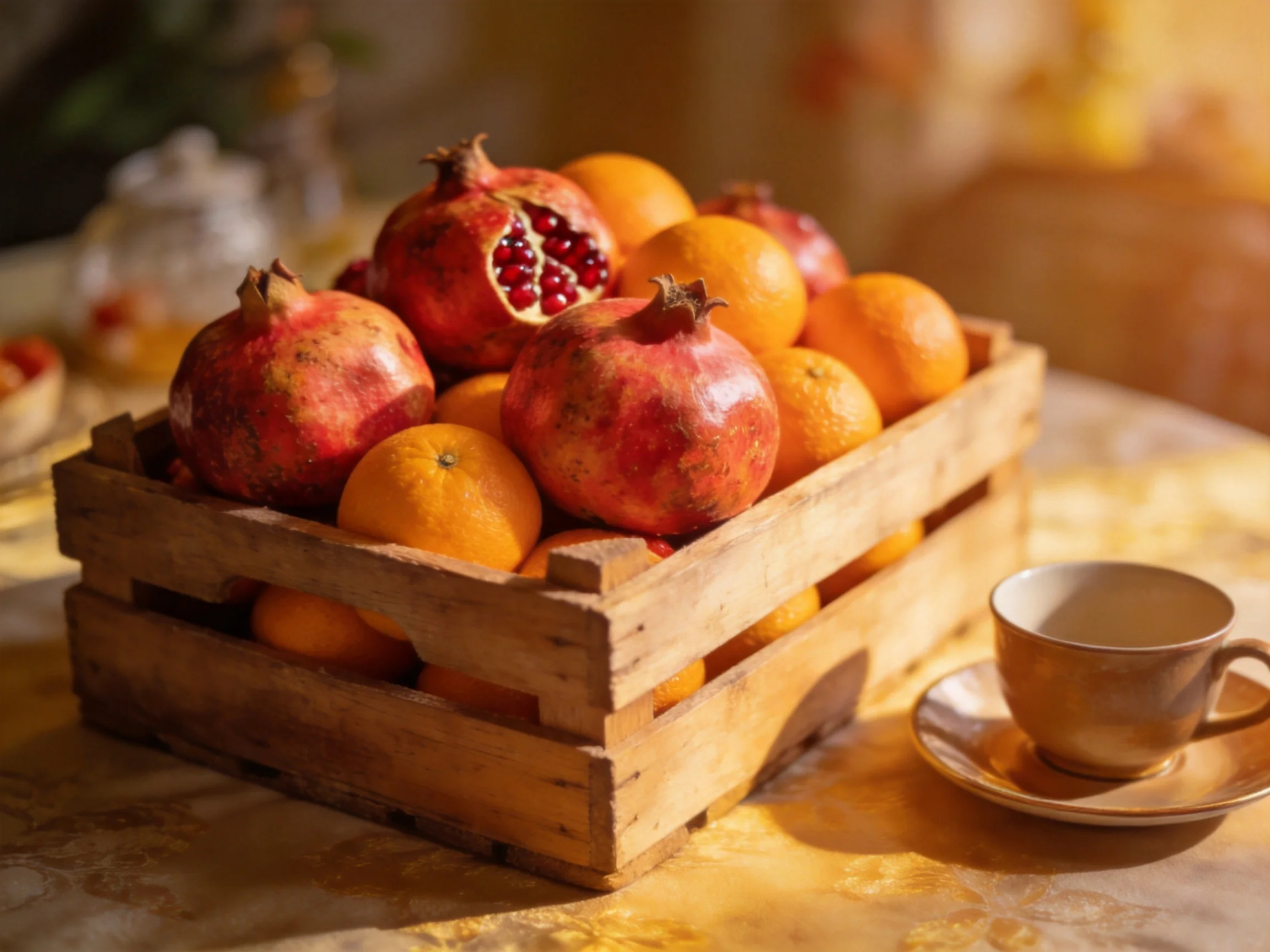A rustic wooden crate holds vibrant pomegranates and oranges beside a teacup