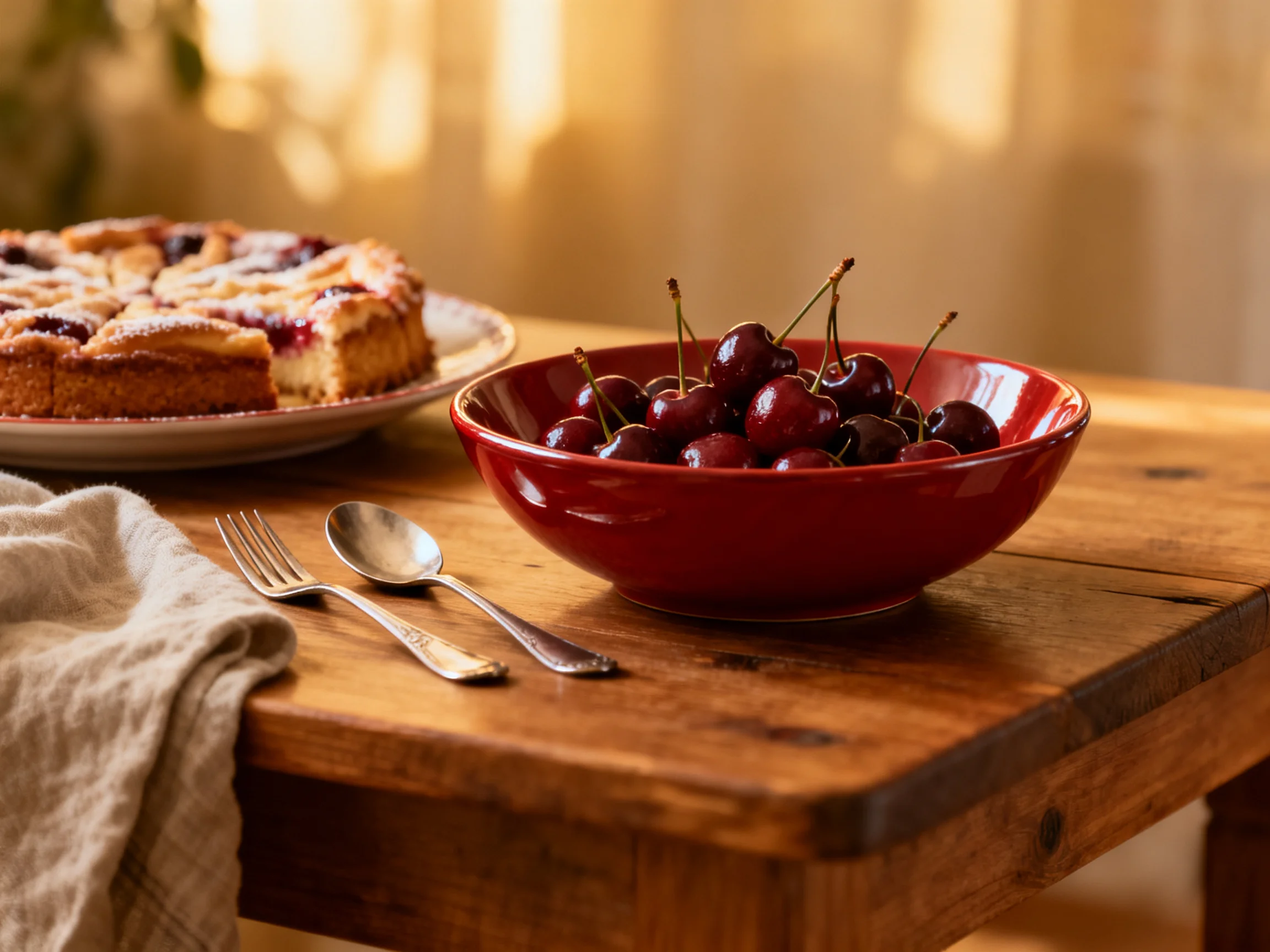 A rustic wooden table holds a red cherry bowl, cake, and silverware