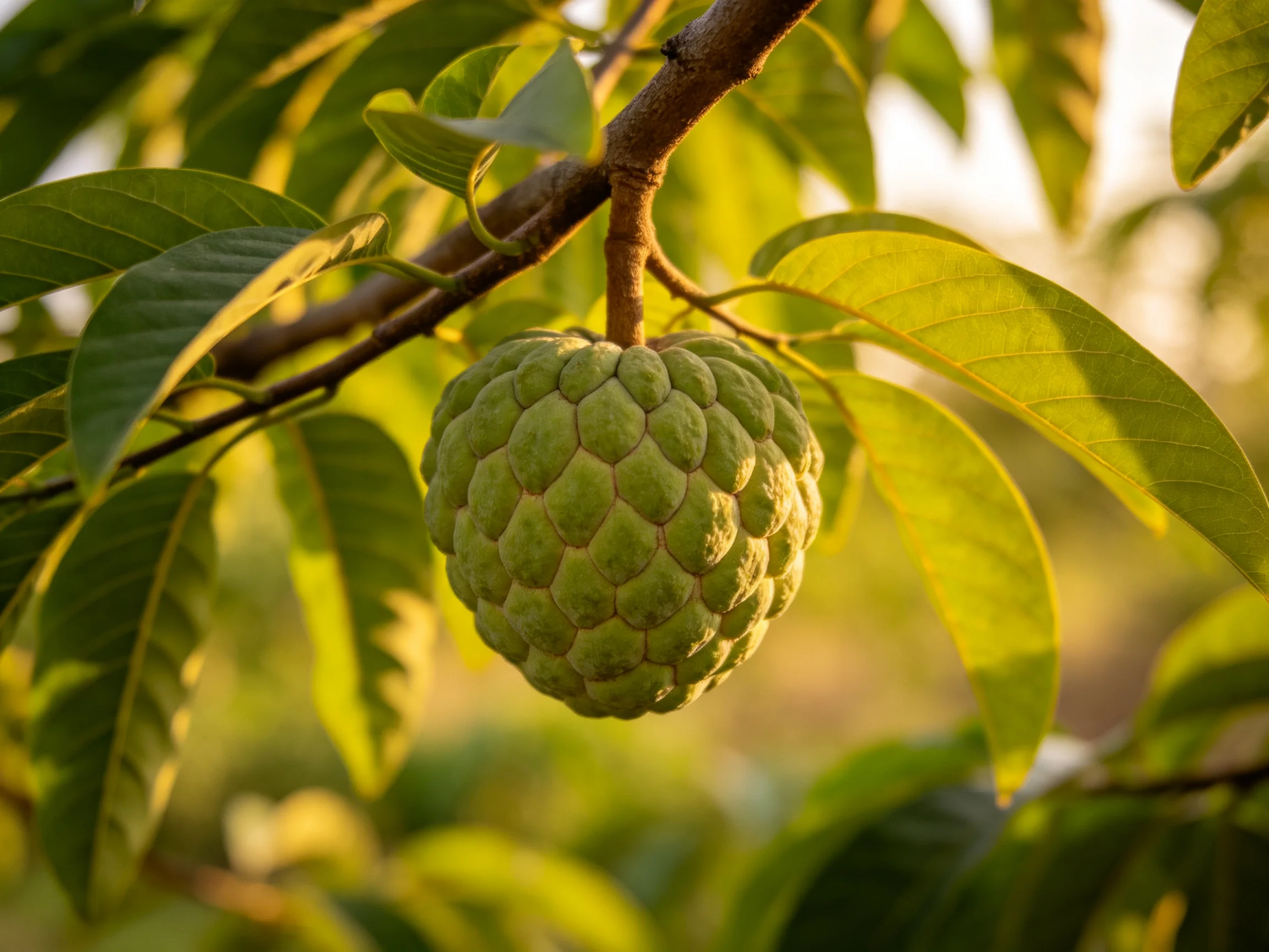 A scaly green custard apple hangs from a tree branch among broad leaves