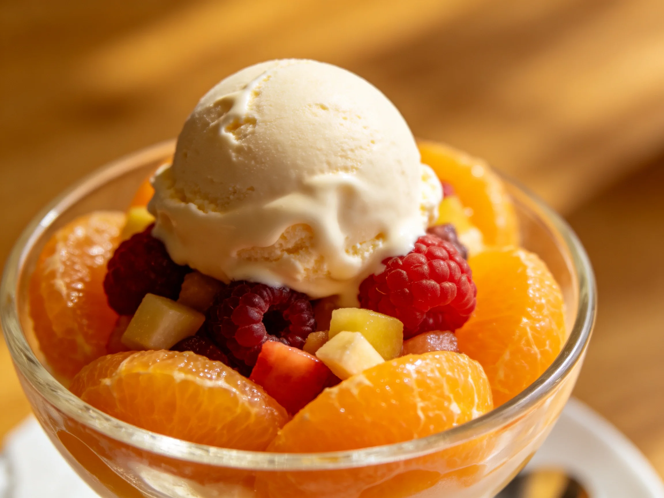 A scoop of vanilla ice cream atop fresh fruit salad with orange slices