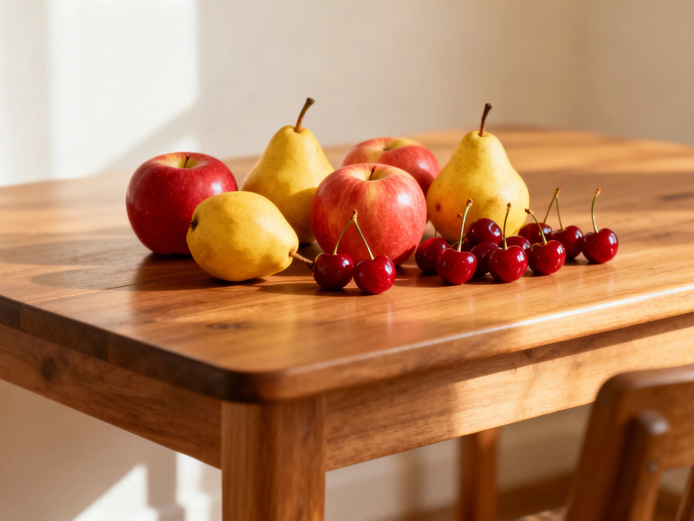 A selection of apples, pears, and cherries arranged on a wooden table