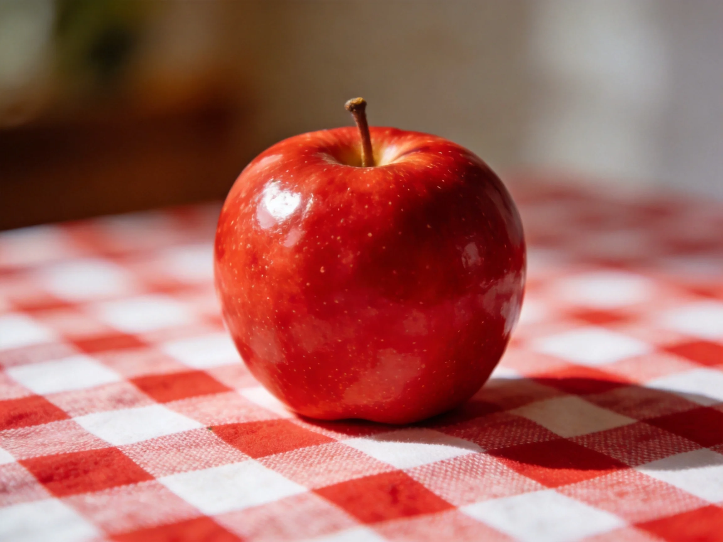 A shiny red apple rests on a red and white checkered fabric