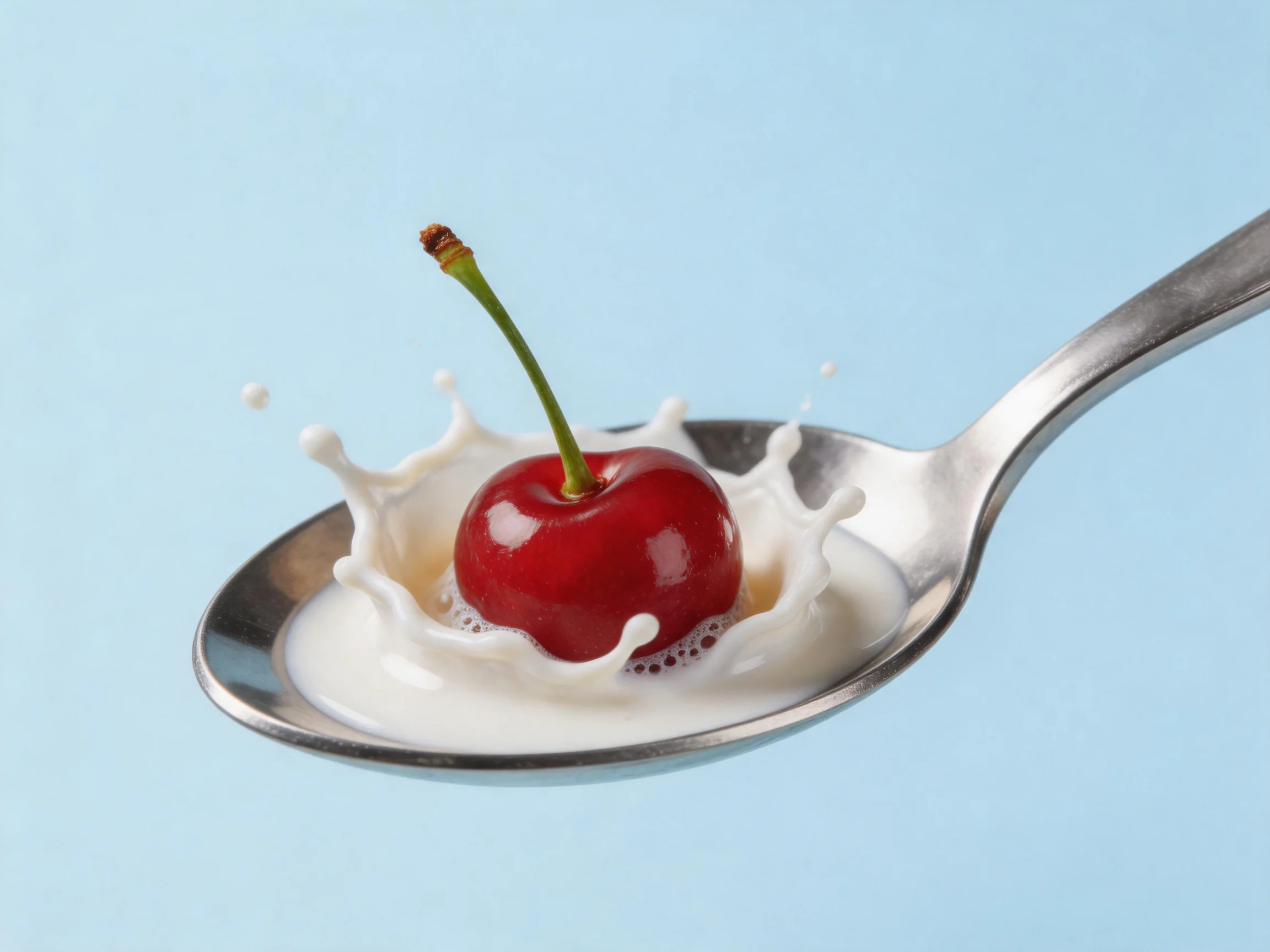 A shiny silver spoon holds a bright red cherry with splashing white milk