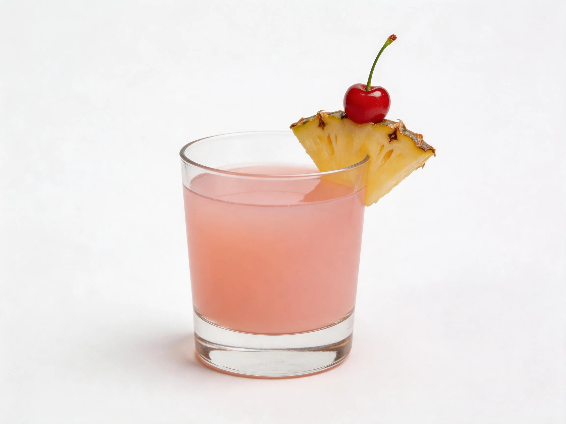 A short glass holds pink liquid, garnished with pineapple and cherry