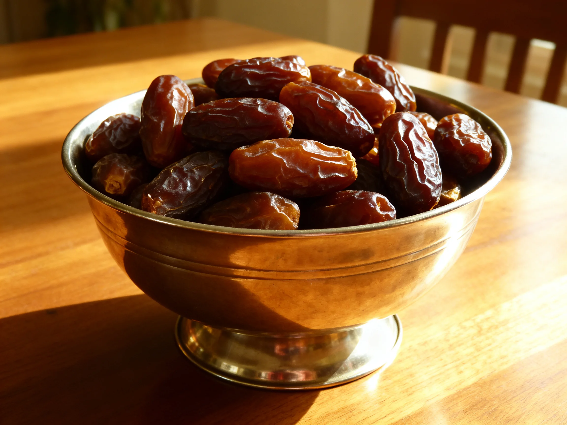 A silver bowl filled with glossy brown dates sits atop a wooden table