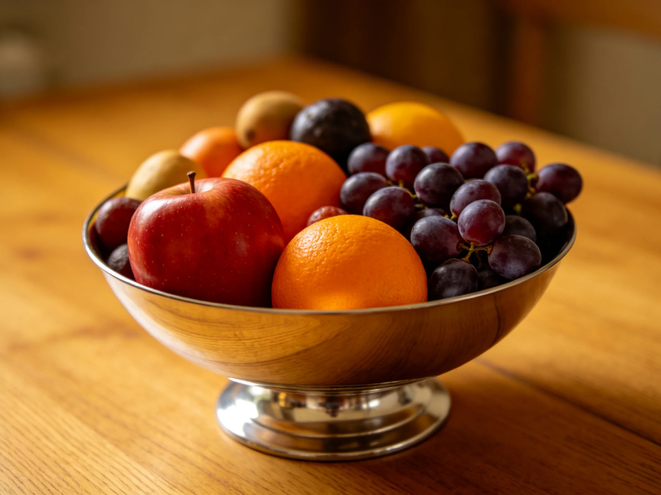 A silver bowl holds assorted colorful fruits including apples, oranges, and grapes
