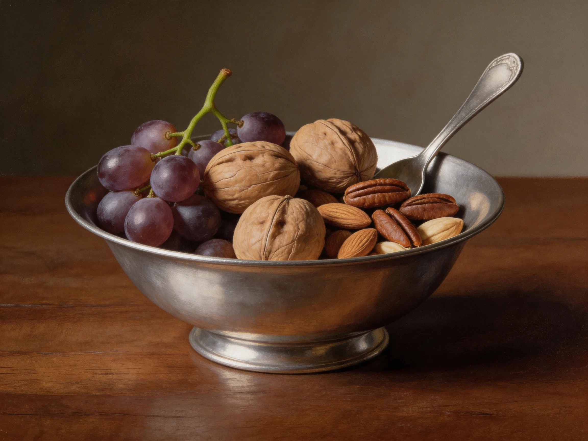 A silver bowl holds purple grapes, walnuts, almonds, and pecans