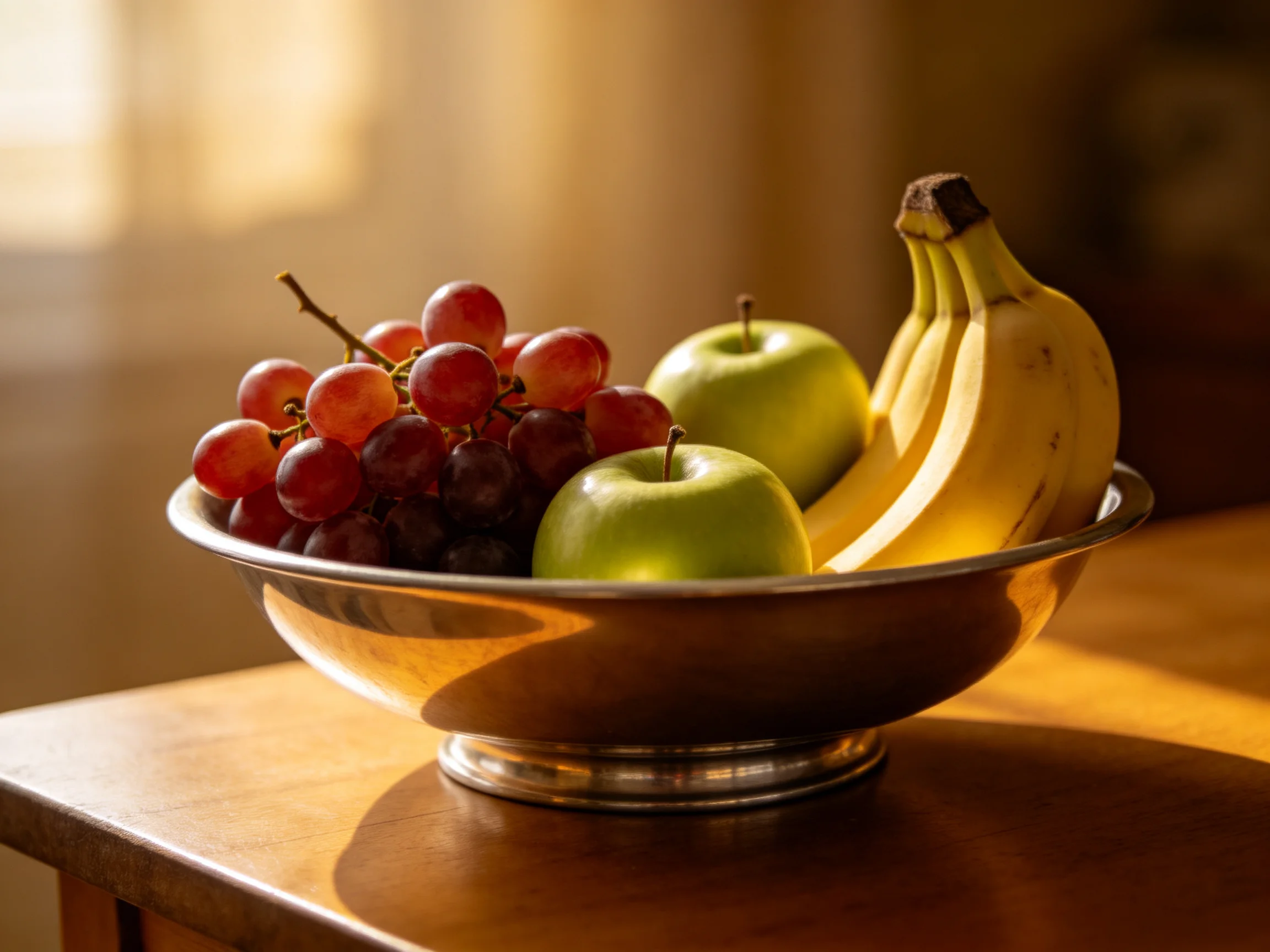 A silver bowl holds red grapes, green apples, and yellow bananas