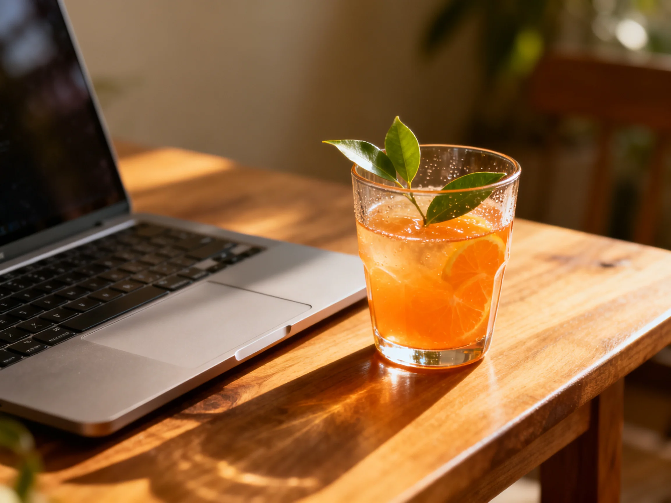 A silver laptop sits beside an amber drink with green garnish on a polished wood table