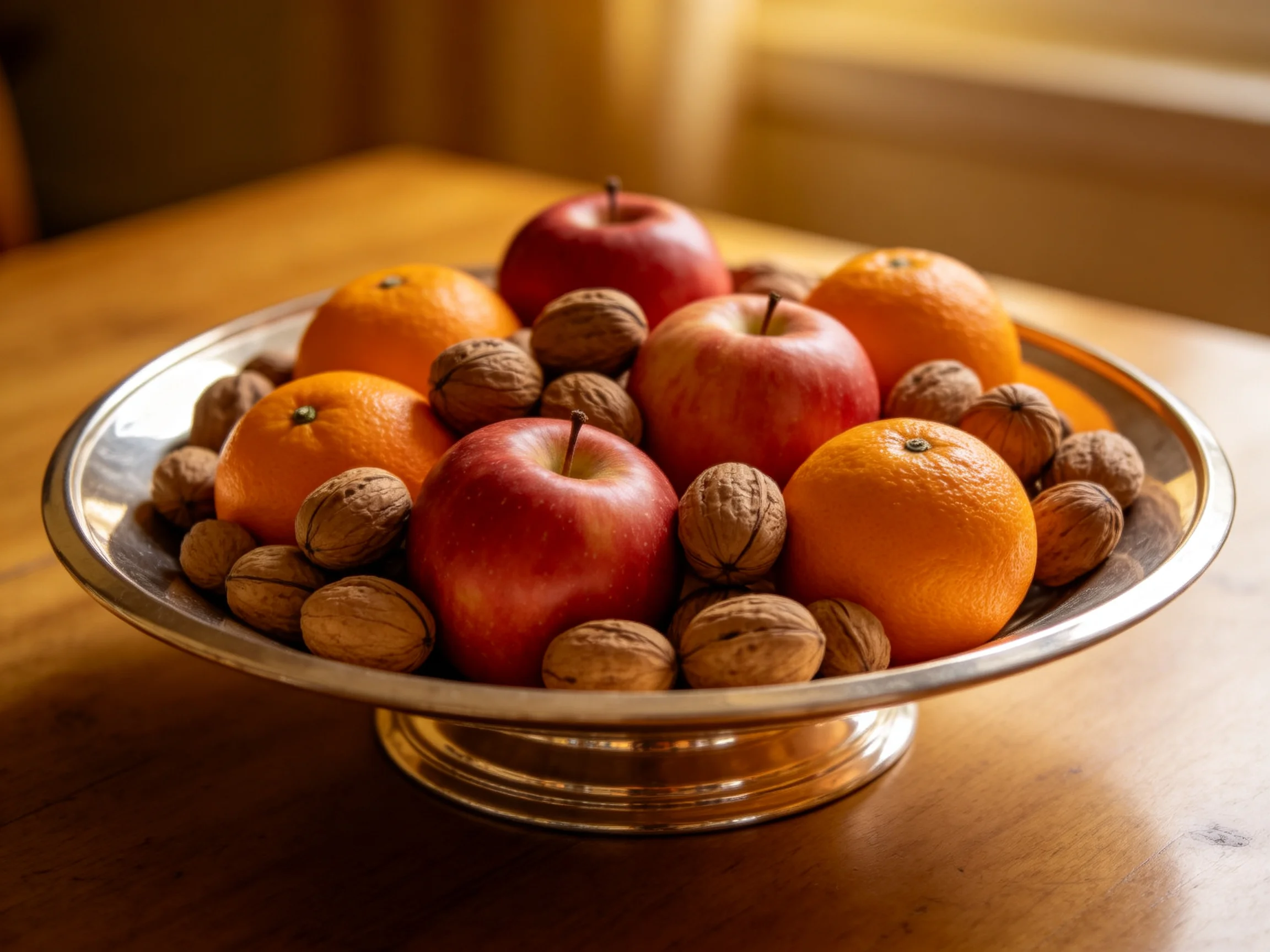 A silver pedestal bowl holds red apples, orange fruits, and brown walnuts