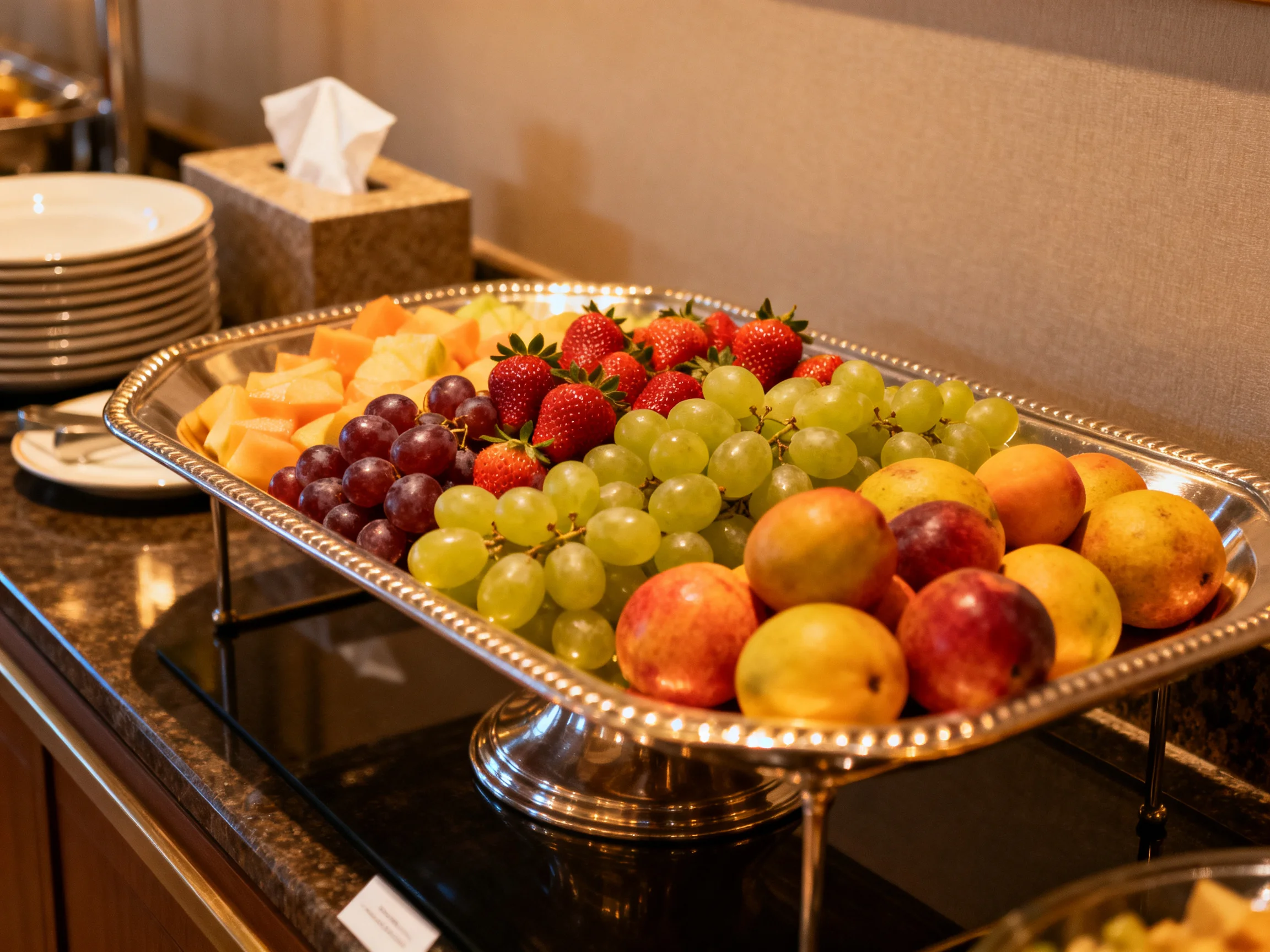 A silver pl dish displays colorful fresh fruits such as strawberries, grapes, and peaches