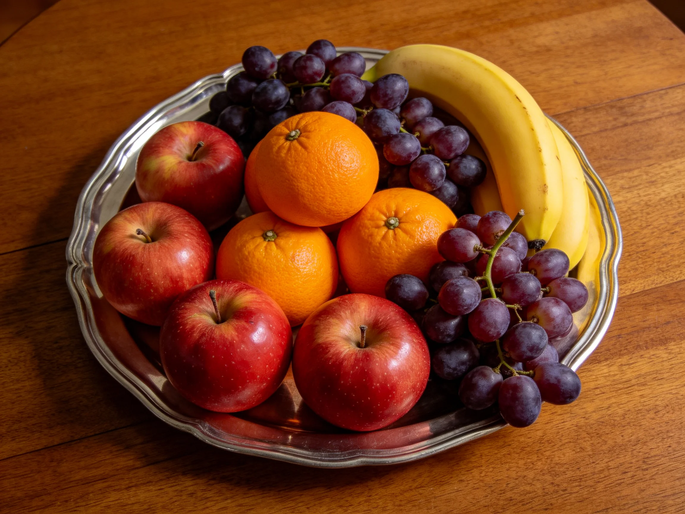A silver platter holds red apples, orange citrus, purple grapes, and a banana