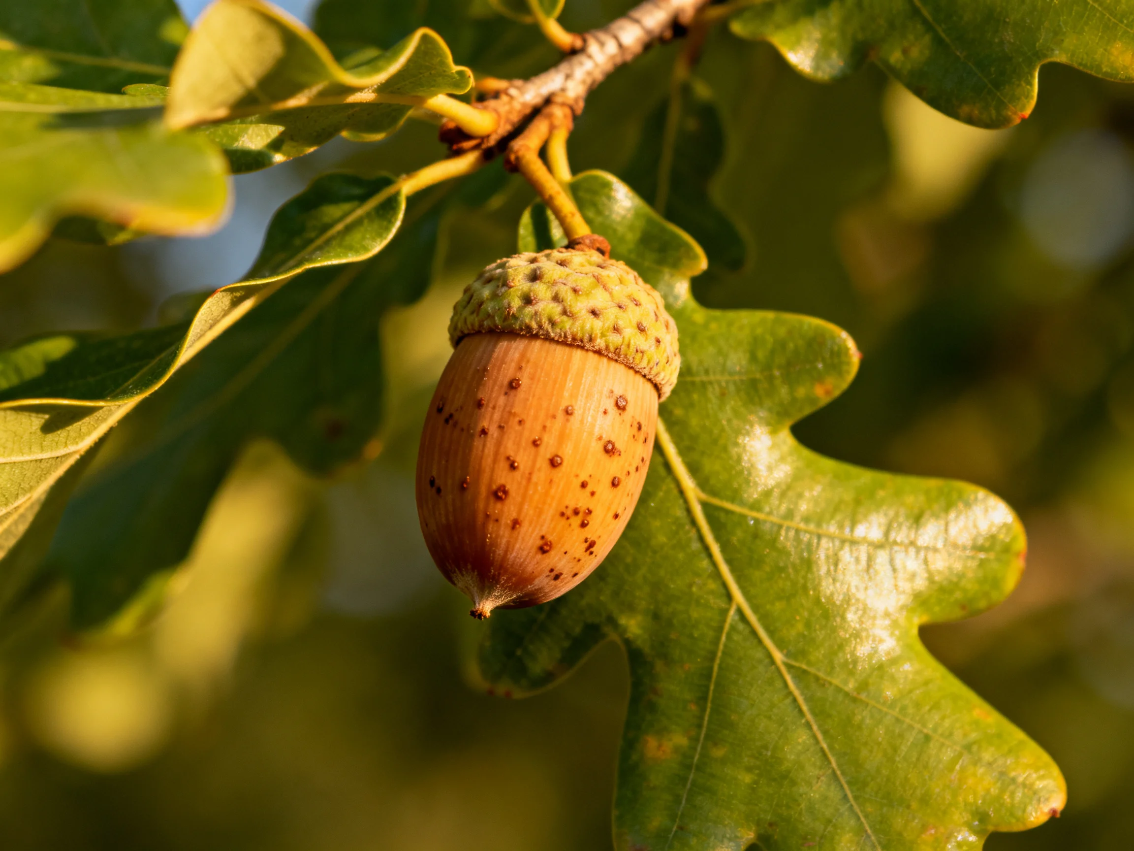 A single acorn hangs from a branch amid large green oak leaves