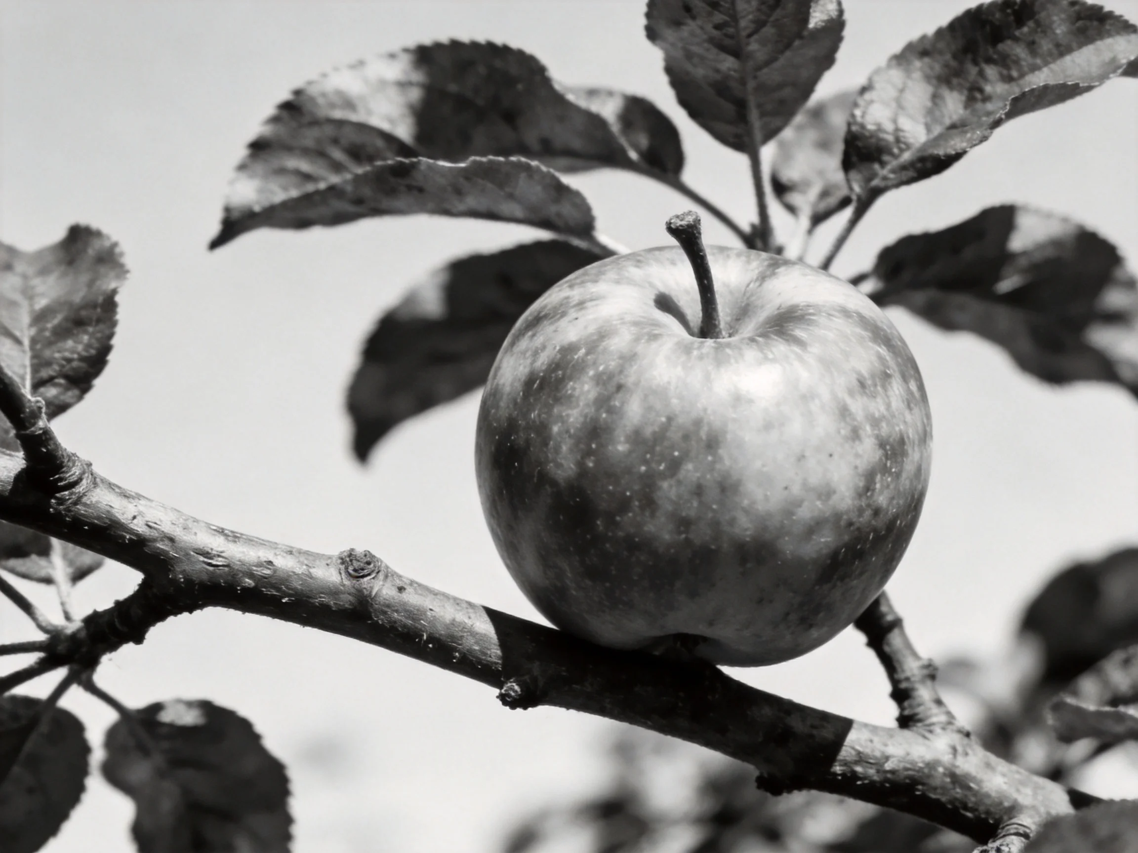 A single apple rests on a tree branch amid textured leaves.