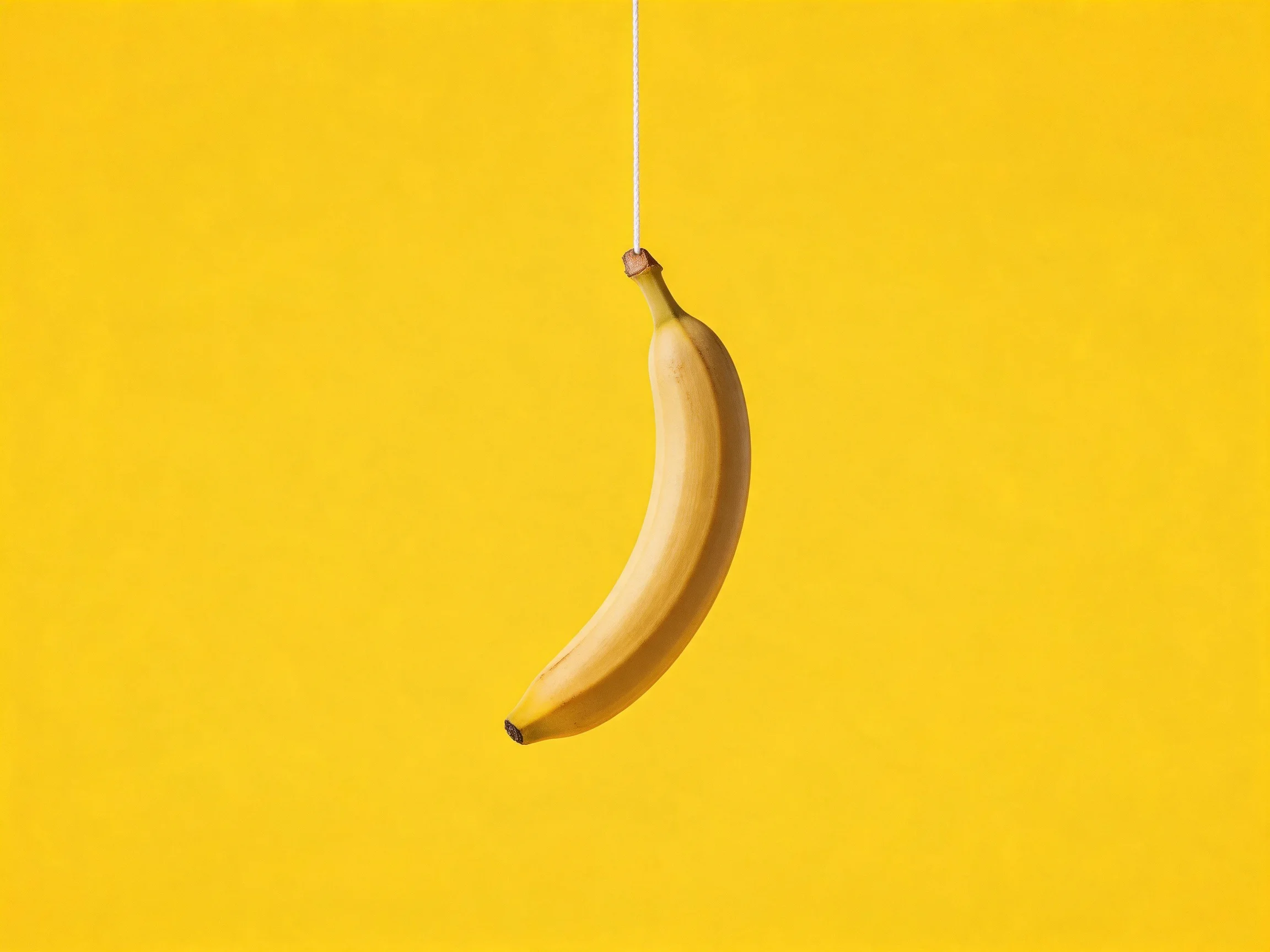 A single banana suspended by a thin string on a solid yellow background