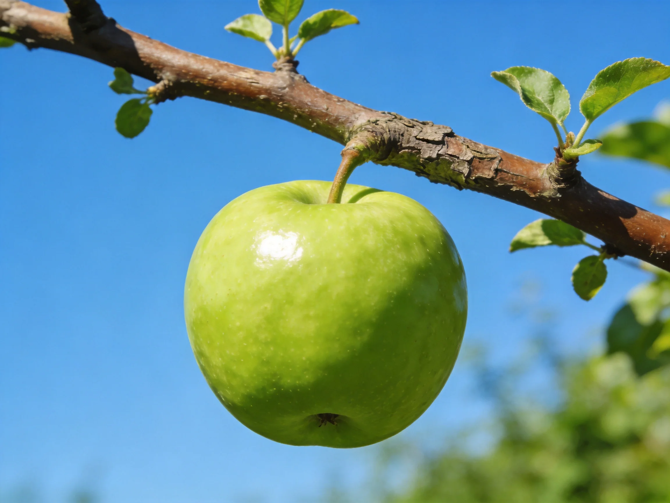 A single bright green apple hangs from a brown tree branch under a clear blue sky