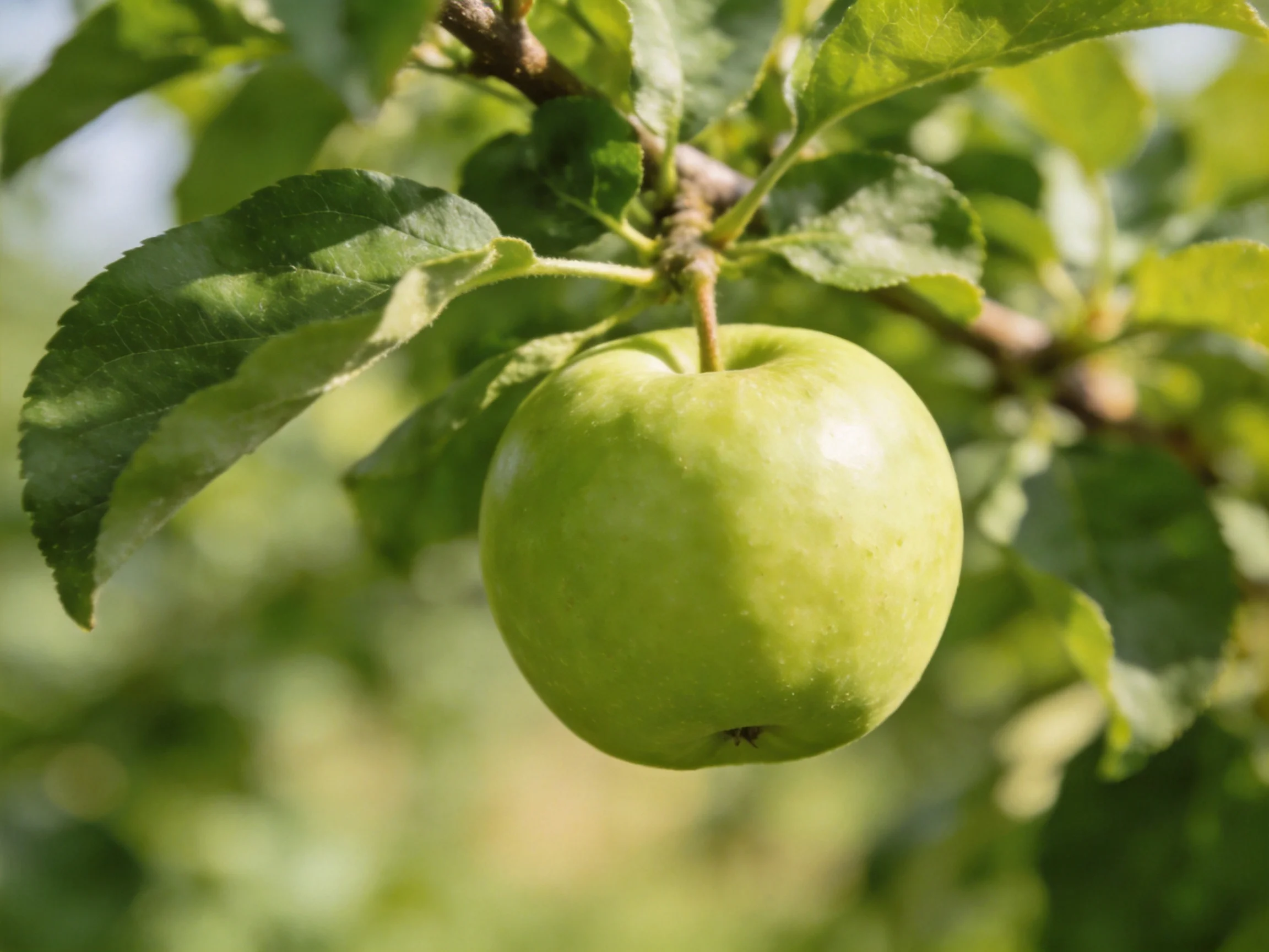 A single bright green apple hangs from a leafy apple tree branch