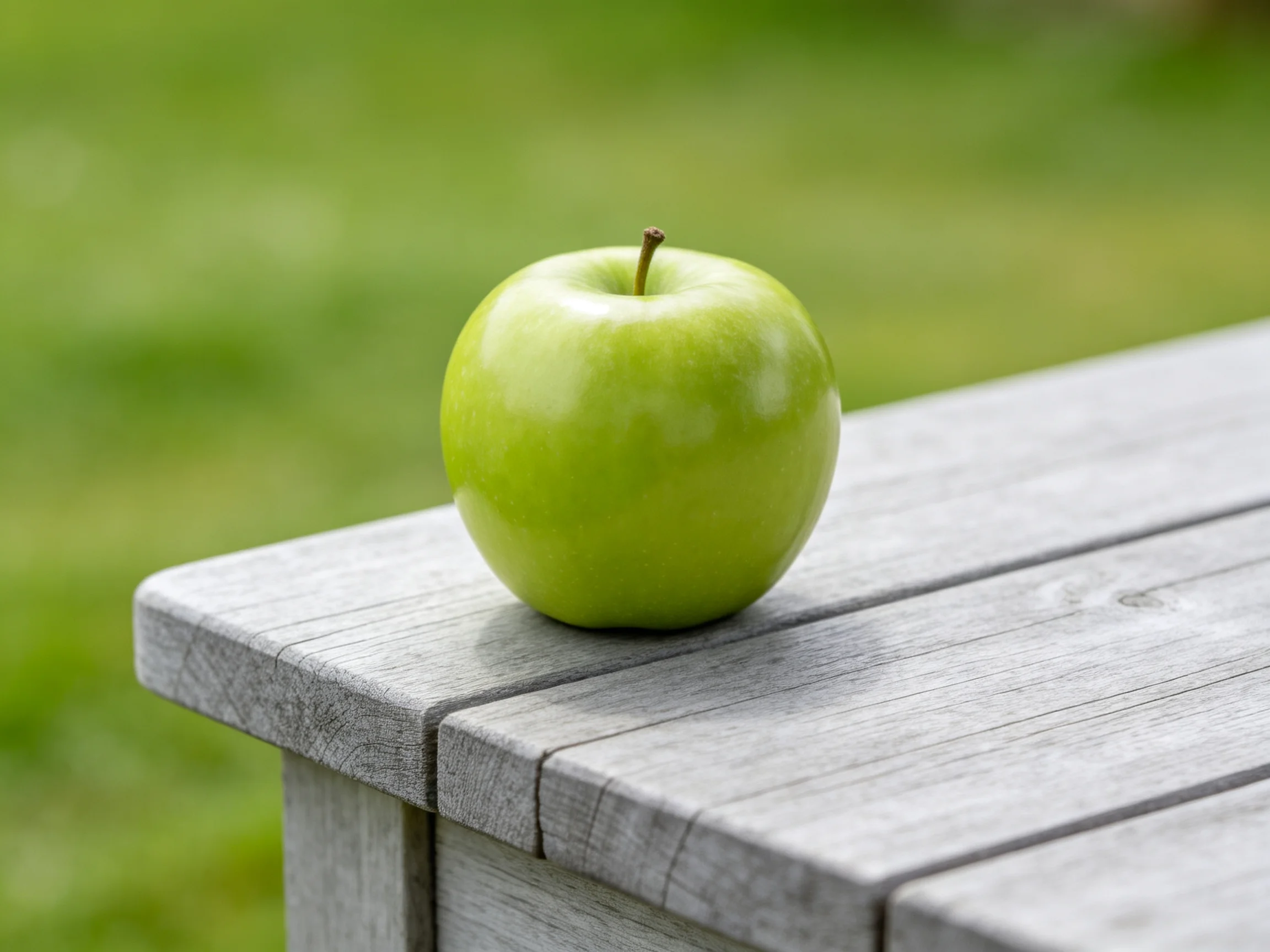 A single bright green apple sits on a weathered wooden picnic table outdoors.
