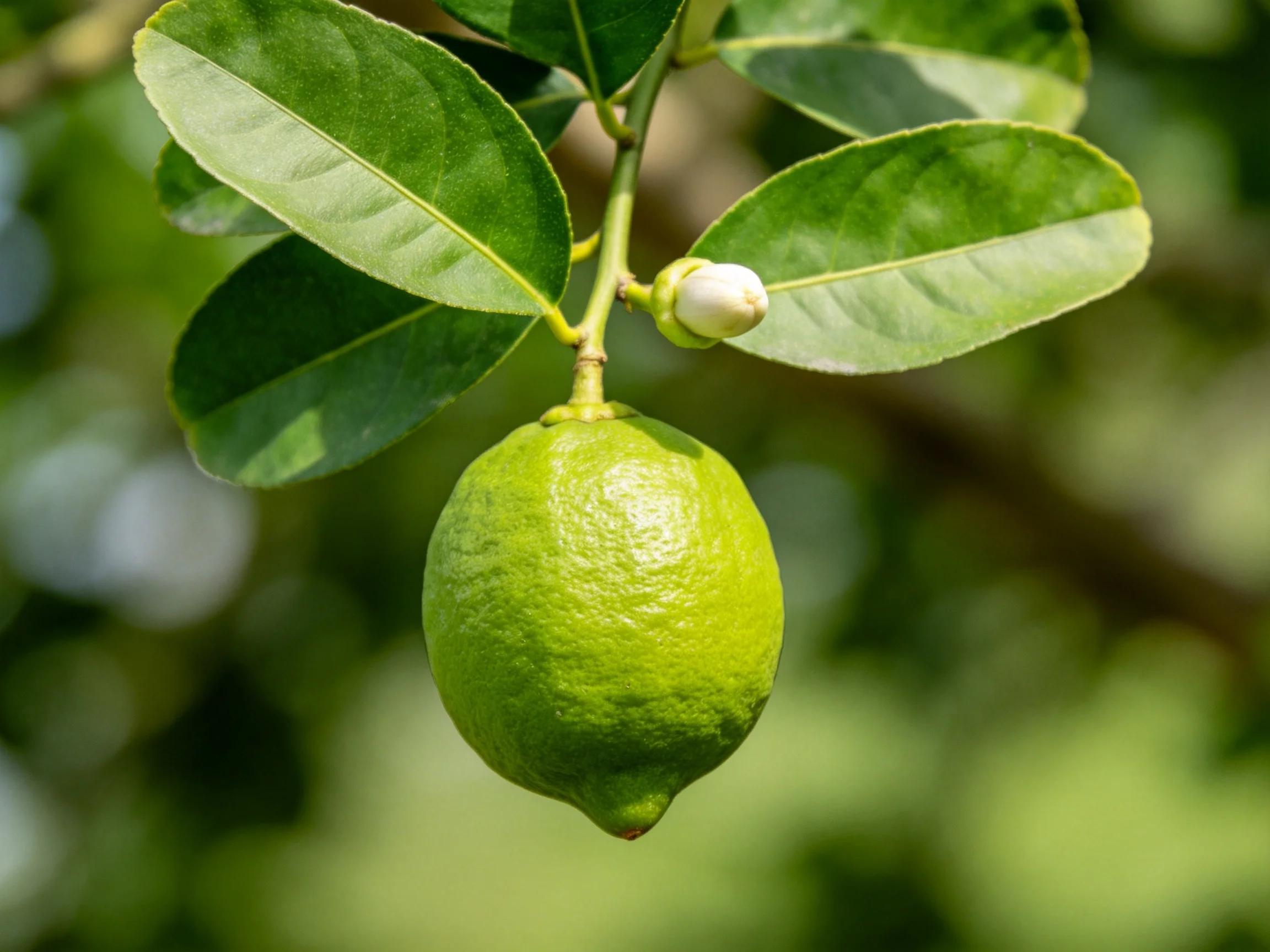A single bright green lemon hangs from a leafy citrus branch
