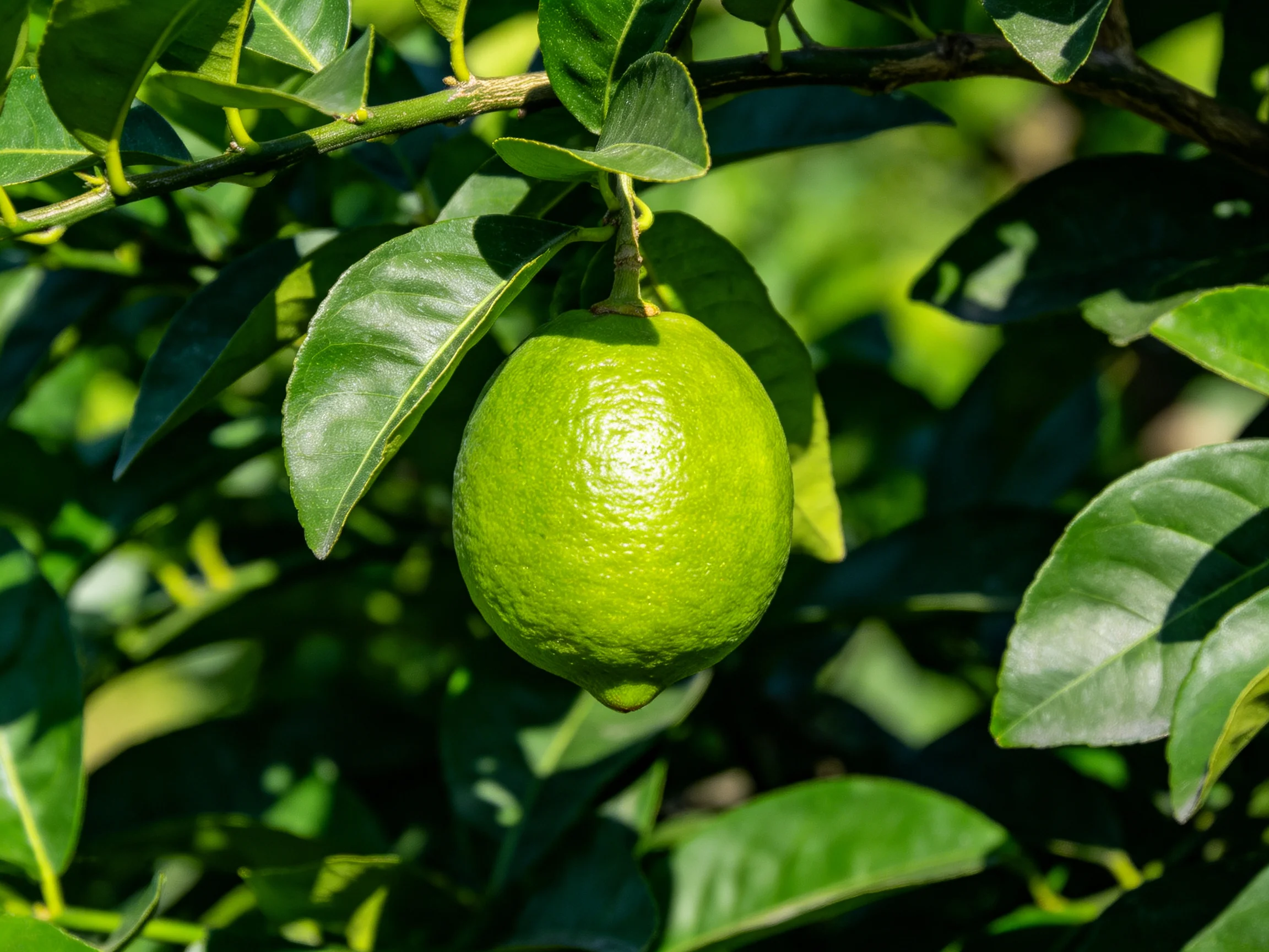 A single bright green lime hangs amid lush dark-green foliage.