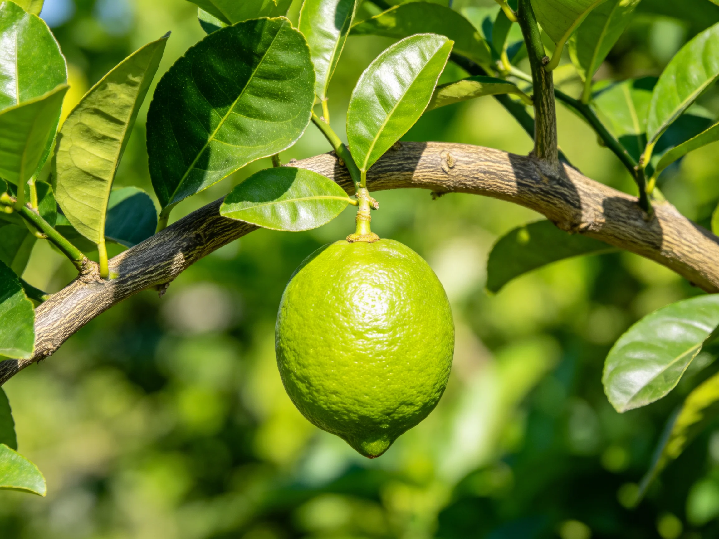 A single bright green lime hangs from a citrus tree branch