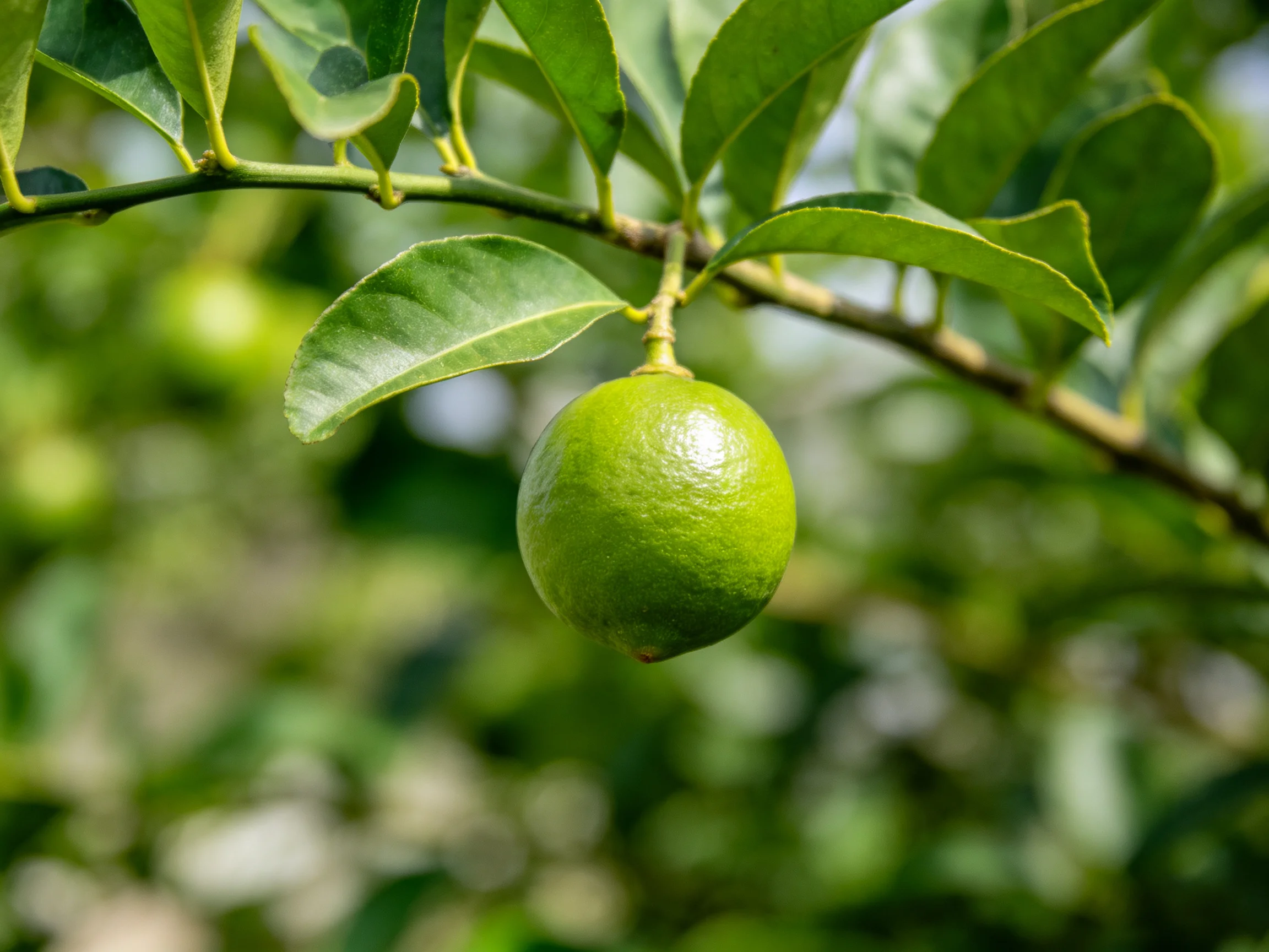 A single bright green lime hangs from a leafy citrus branch