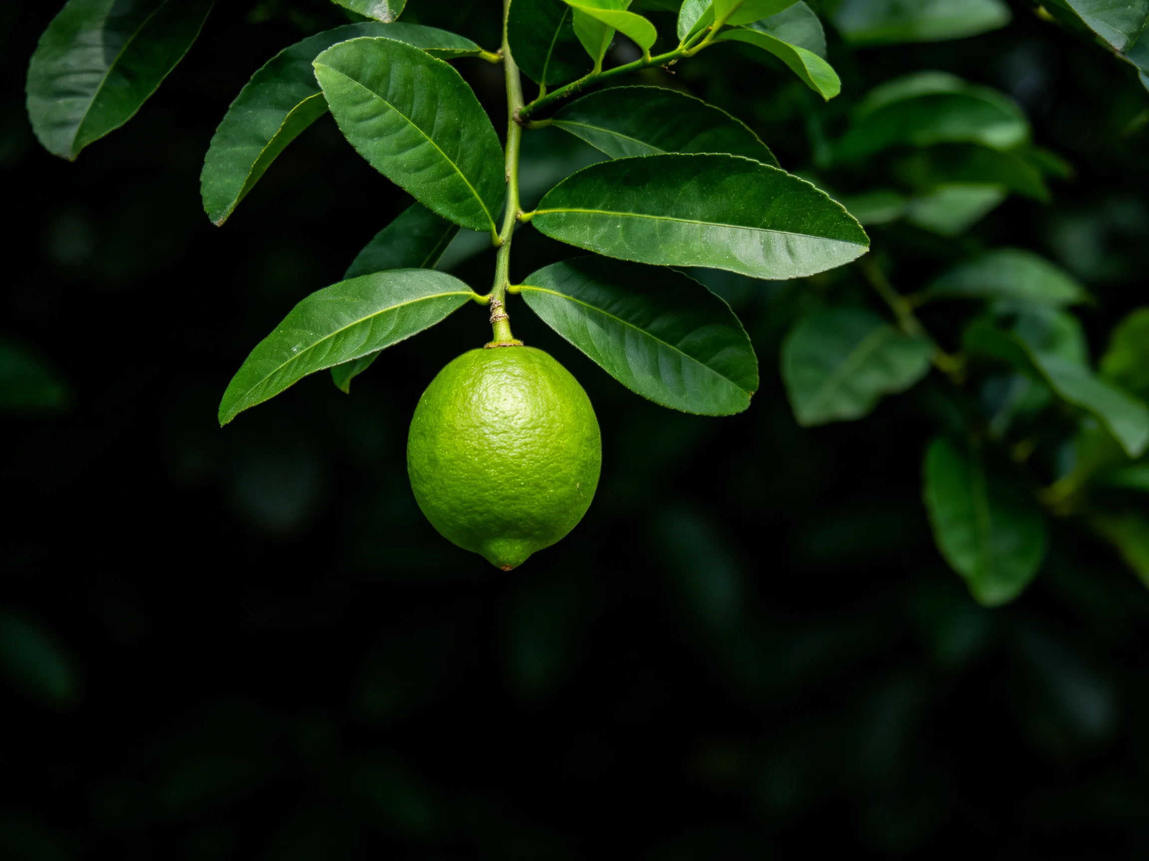 A single bright green lime hangs from lush dark-green foliage