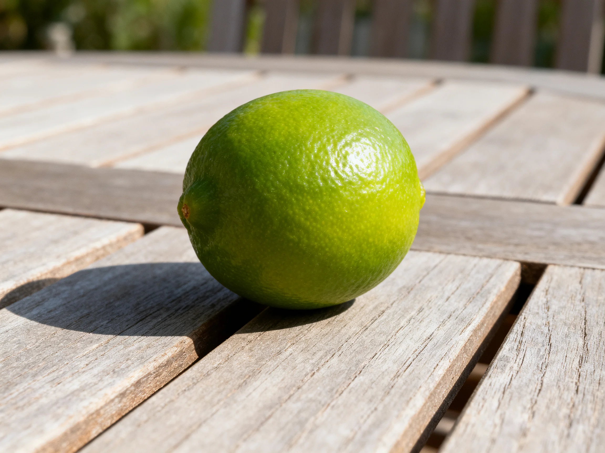 A single bright green lime rests on a weathered wooden outdoor table