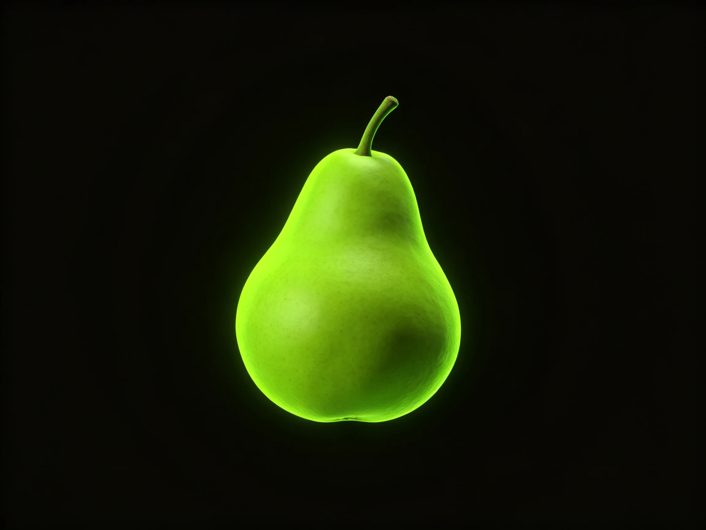 A single bright green pear set against a solid black background