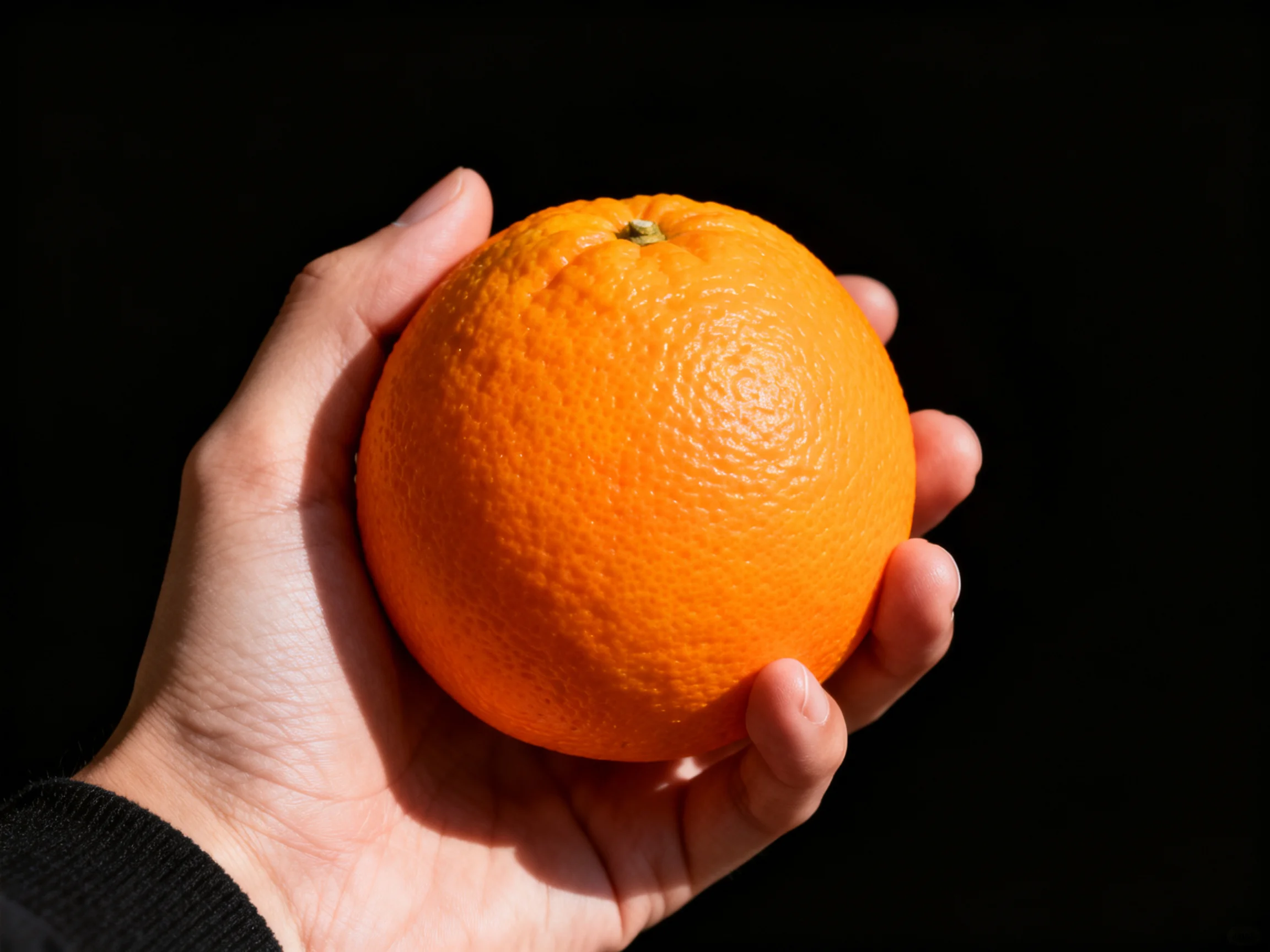 A single bright orange citrus fruit cradled in a hand