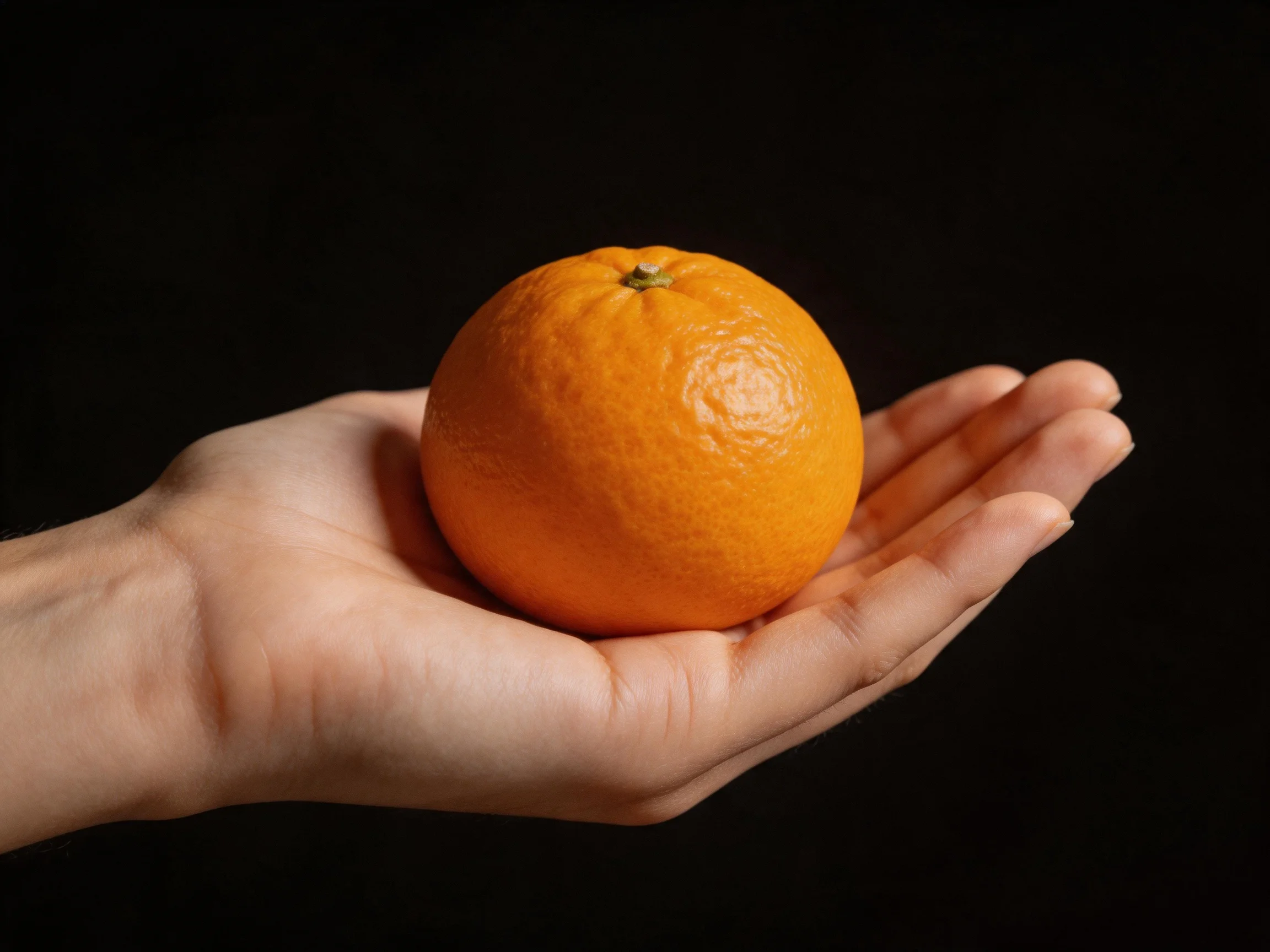 A single bright orange citrus fruit held in an open palm with a dark background
