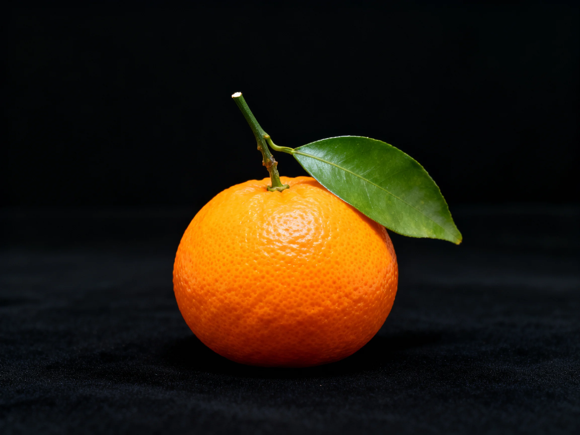 A single bright orange citrus fruit with a green leaf on a black surface