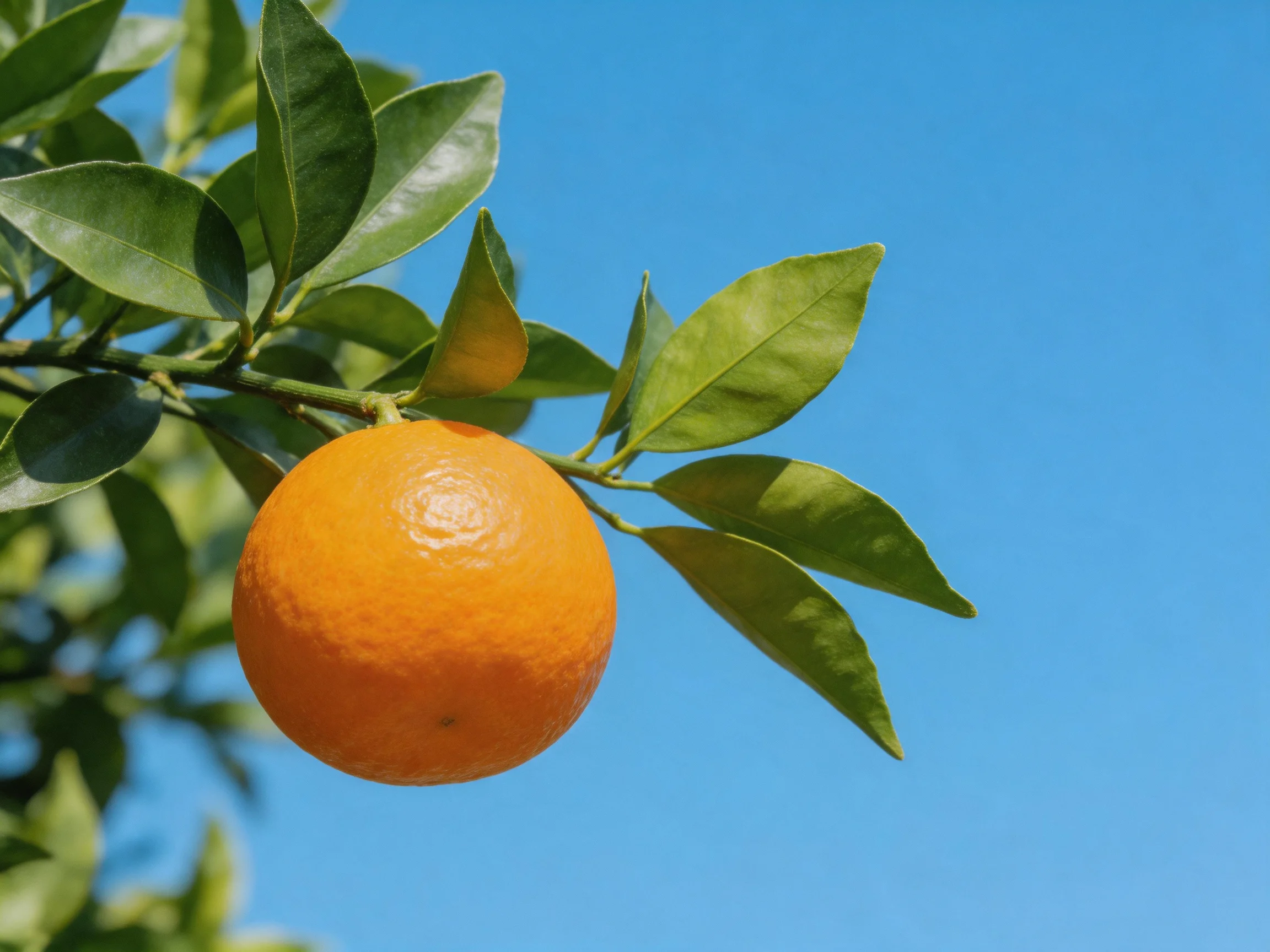 A single bright orange fruit hangs from a citrus branch with glossy green leaves