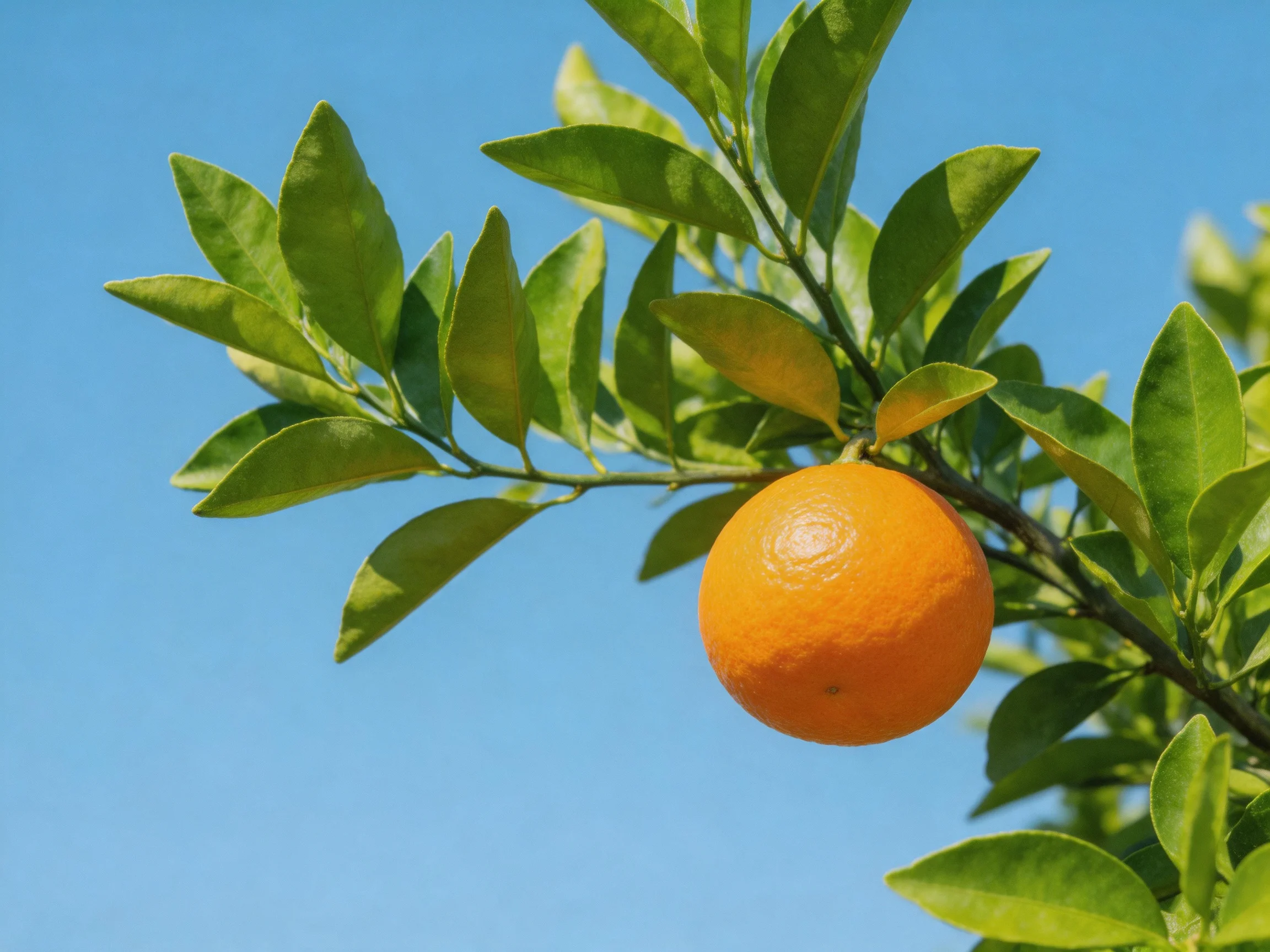 A single bright orange fruit hangs from a leafy citrus branch beneath clear blue sky