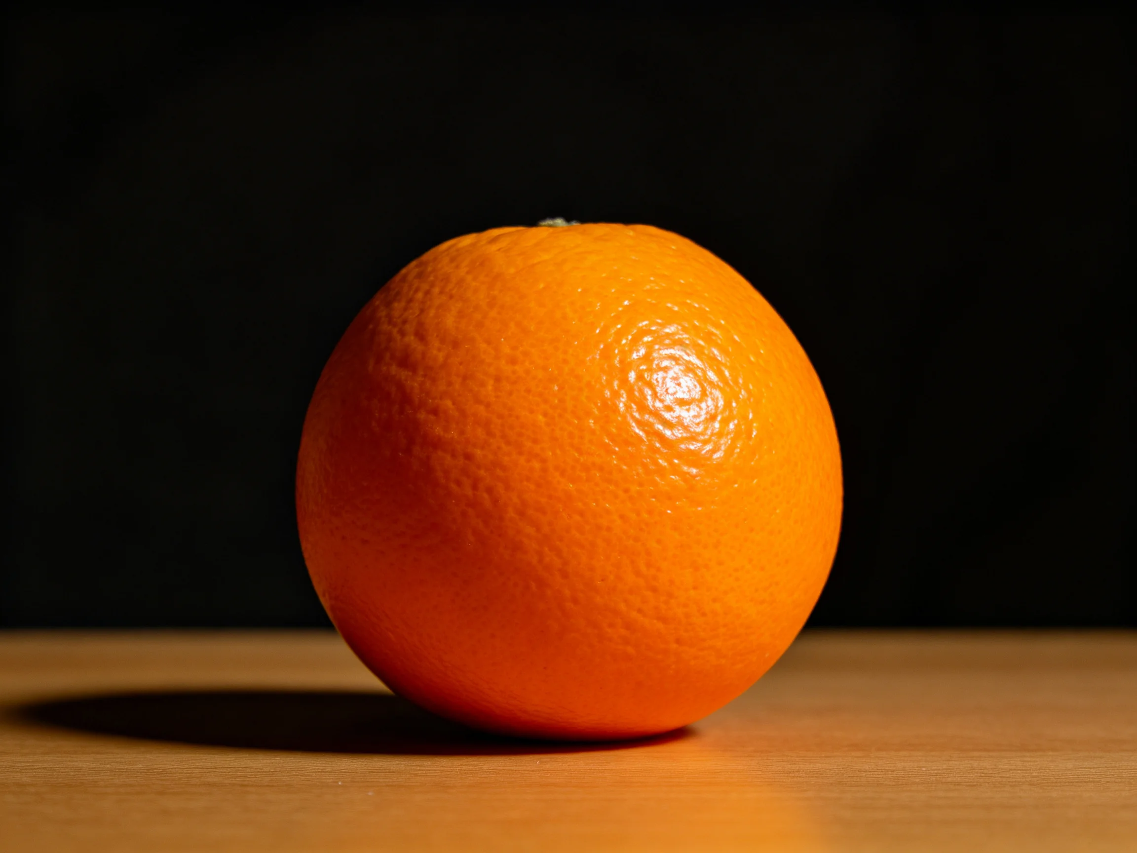 A single bright orange fruit on a wooden surface