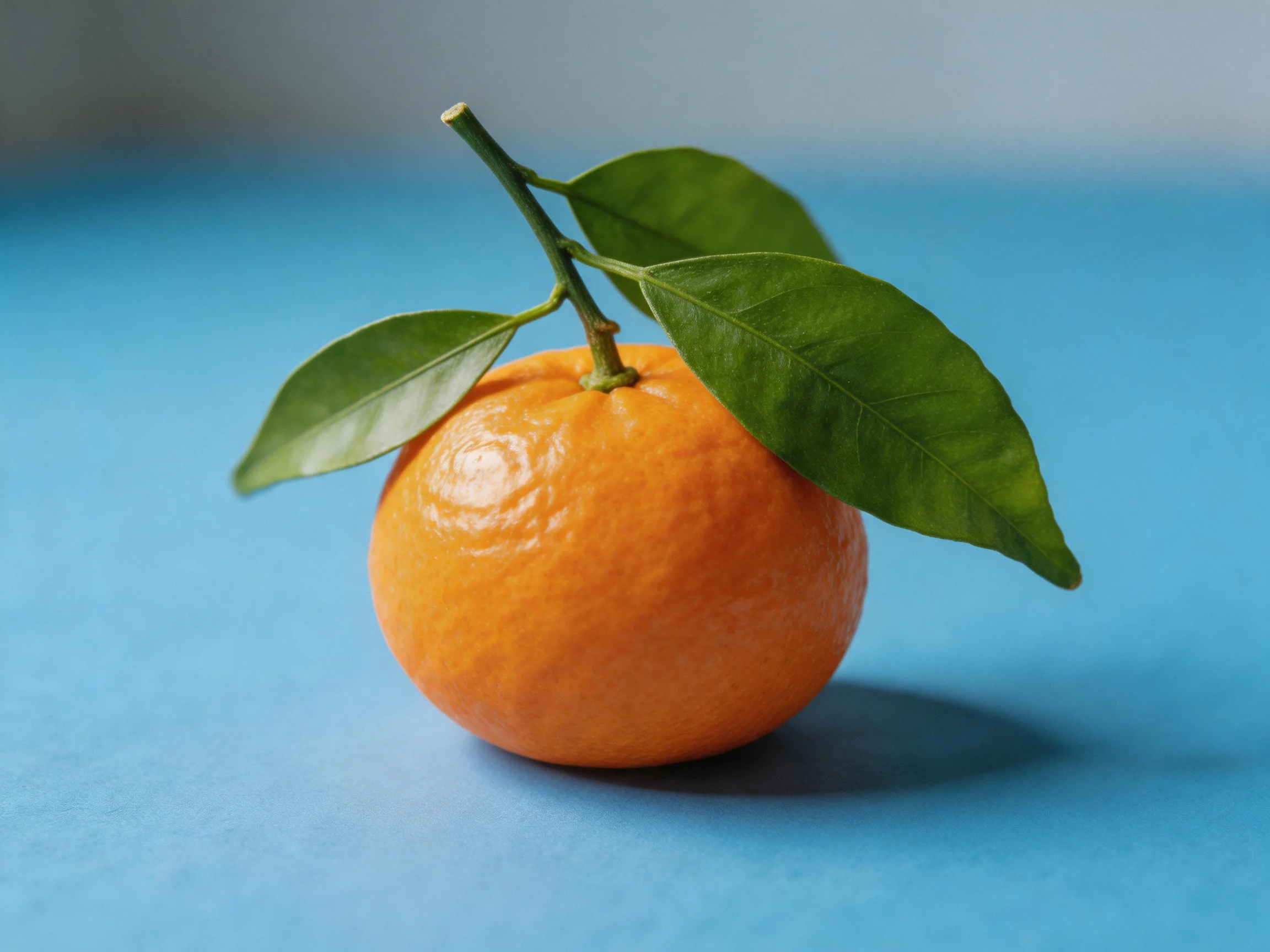 A single bright orange fruit with fresh green leaves on a blue surface