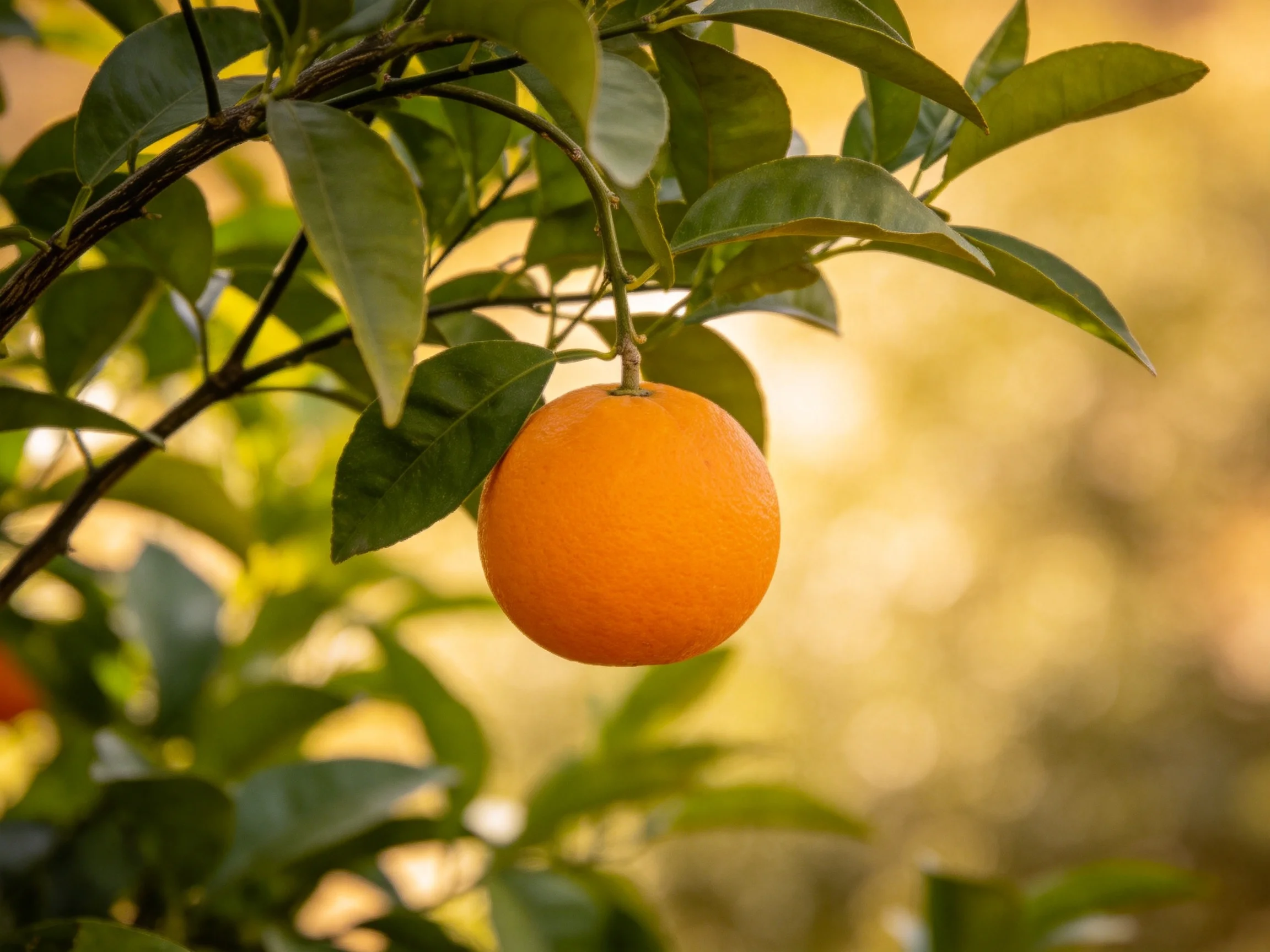 A single bright orange hangs from a leafy citrus branch amid golden sunlight