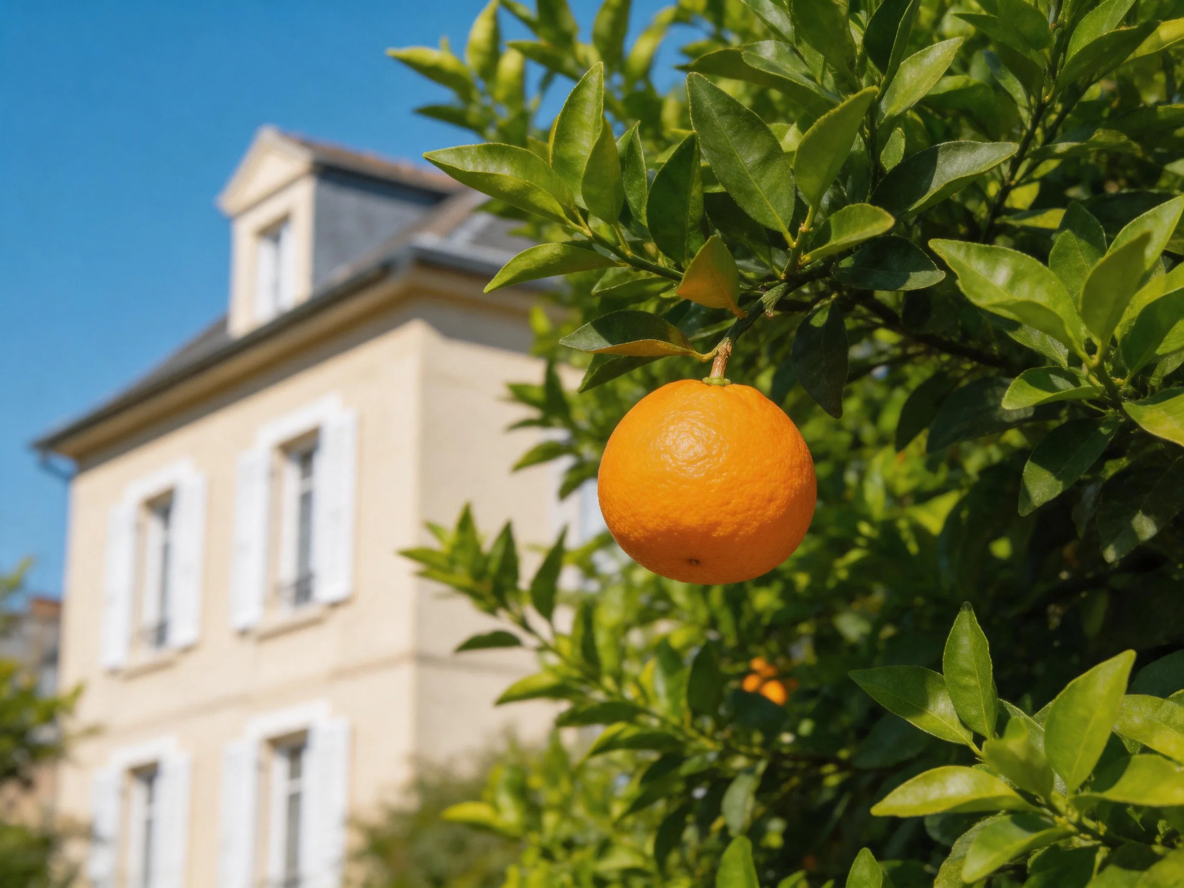 A single bright orange hangs from a leafy tree beside a beige stone house