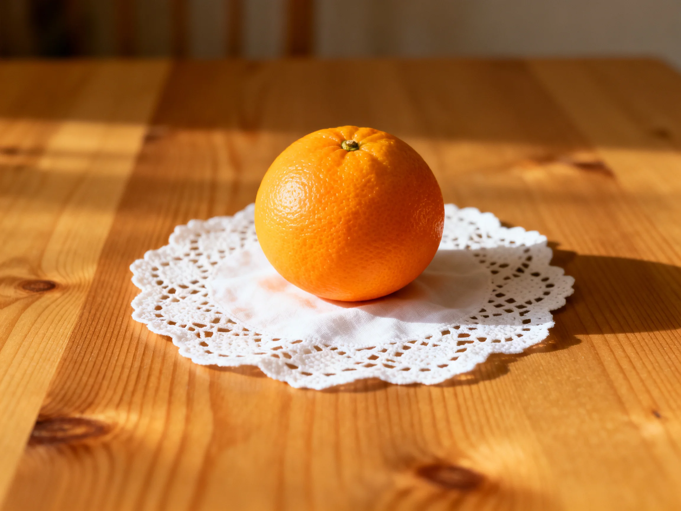 A single bright orange on a white lace doily over a wooden table