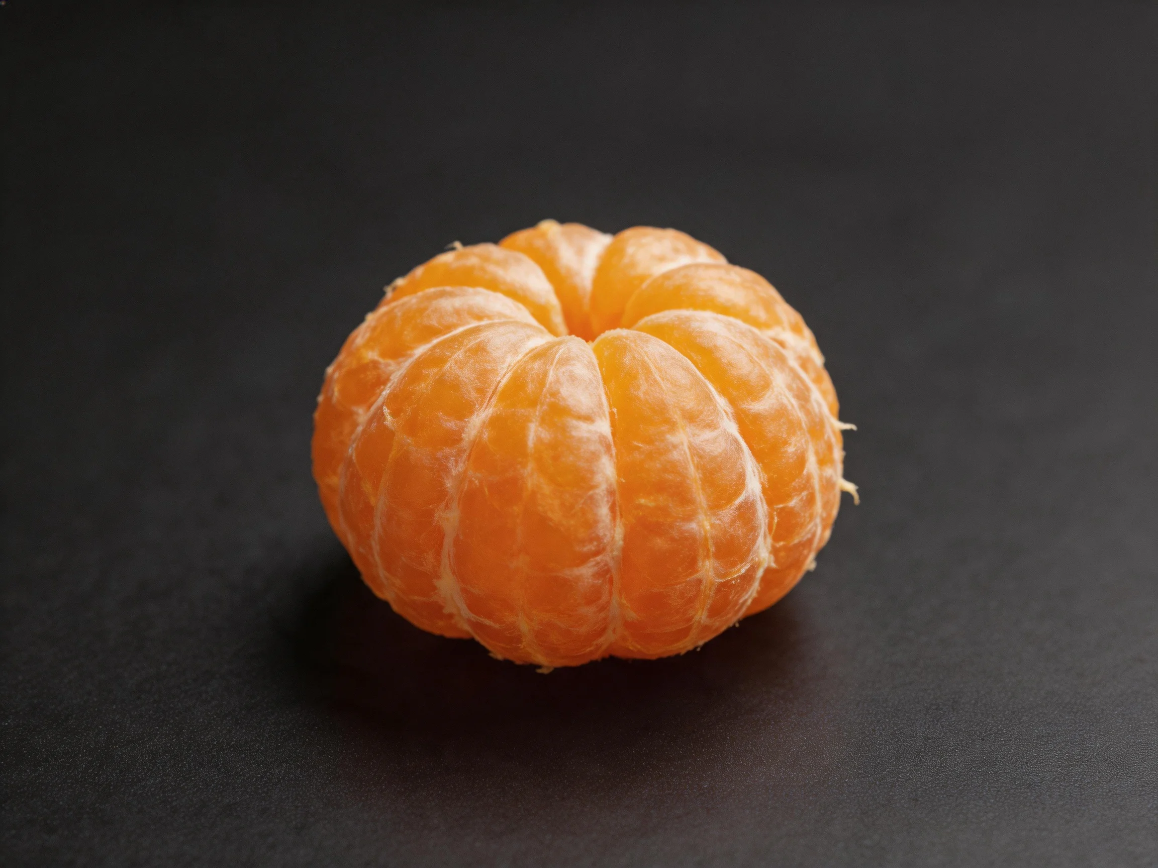 A single bright orange peeled citrus fruit on a dark surface
