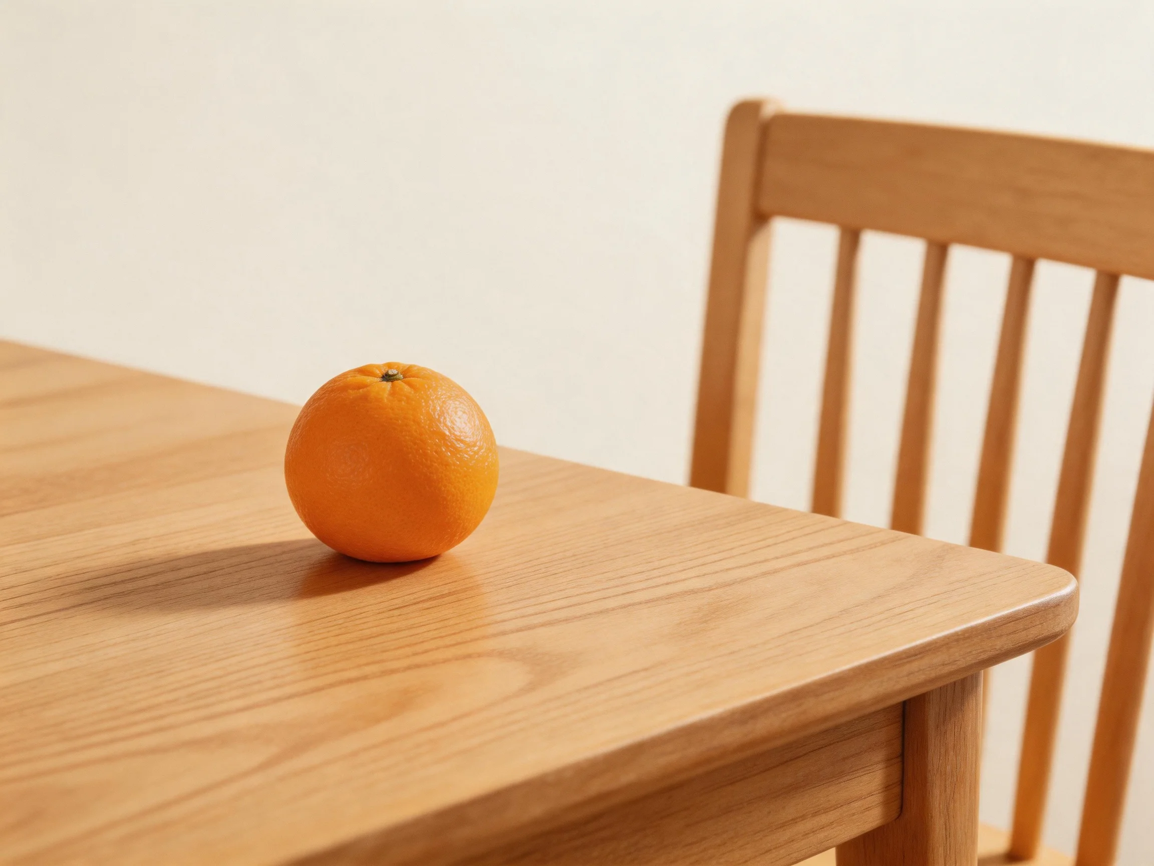 A single bright orange rests on a smooth wooden table beside a wooden chair