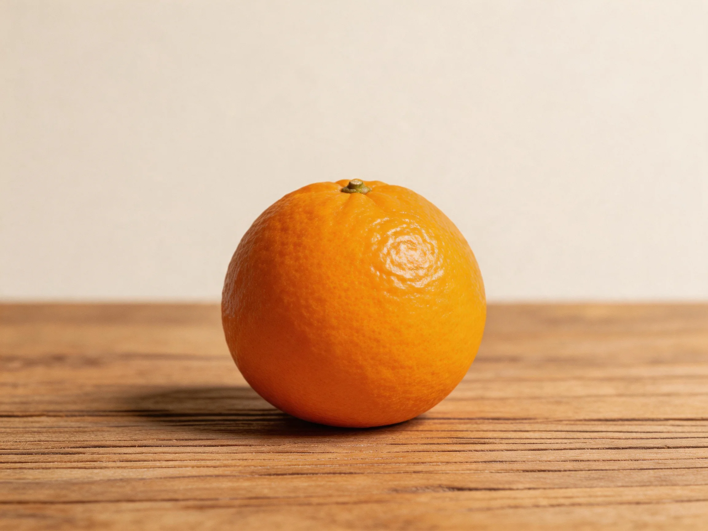 A single bright orange rests on a wooden surface against a neutral backdrop