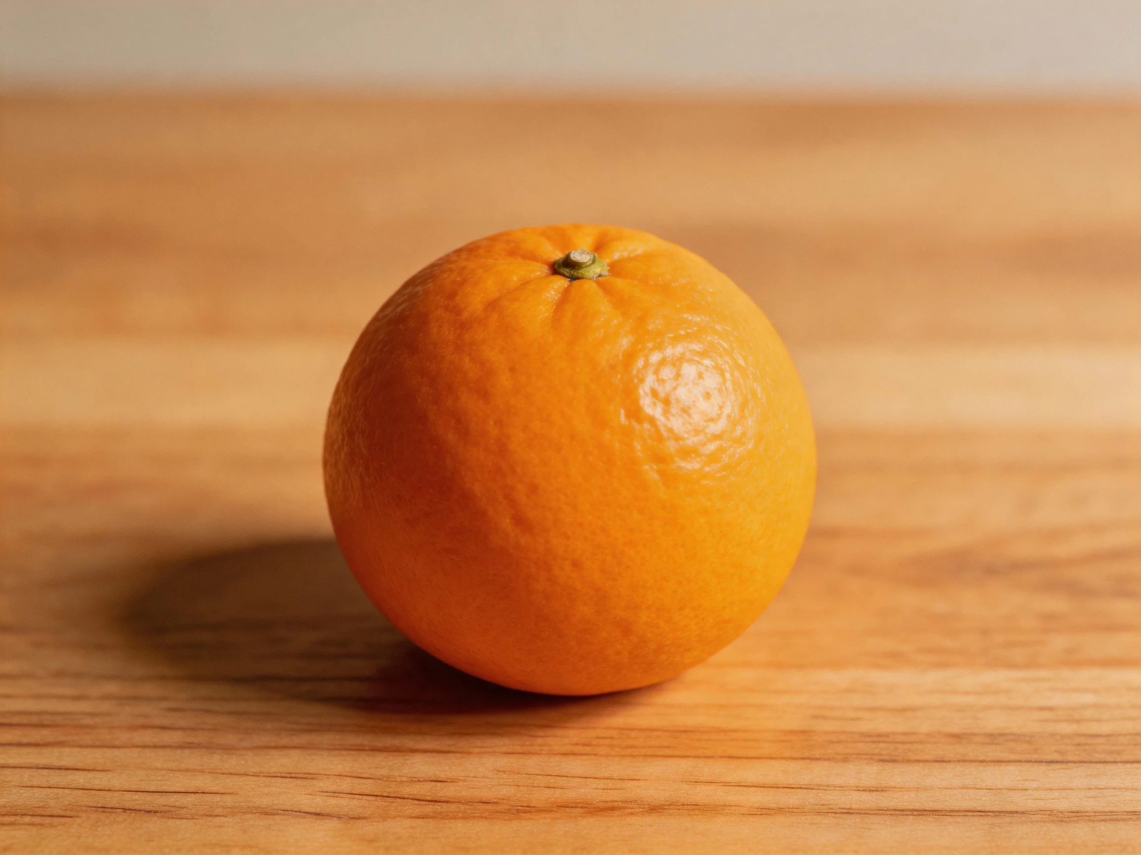 A single bright orange rests on a wooden table.
