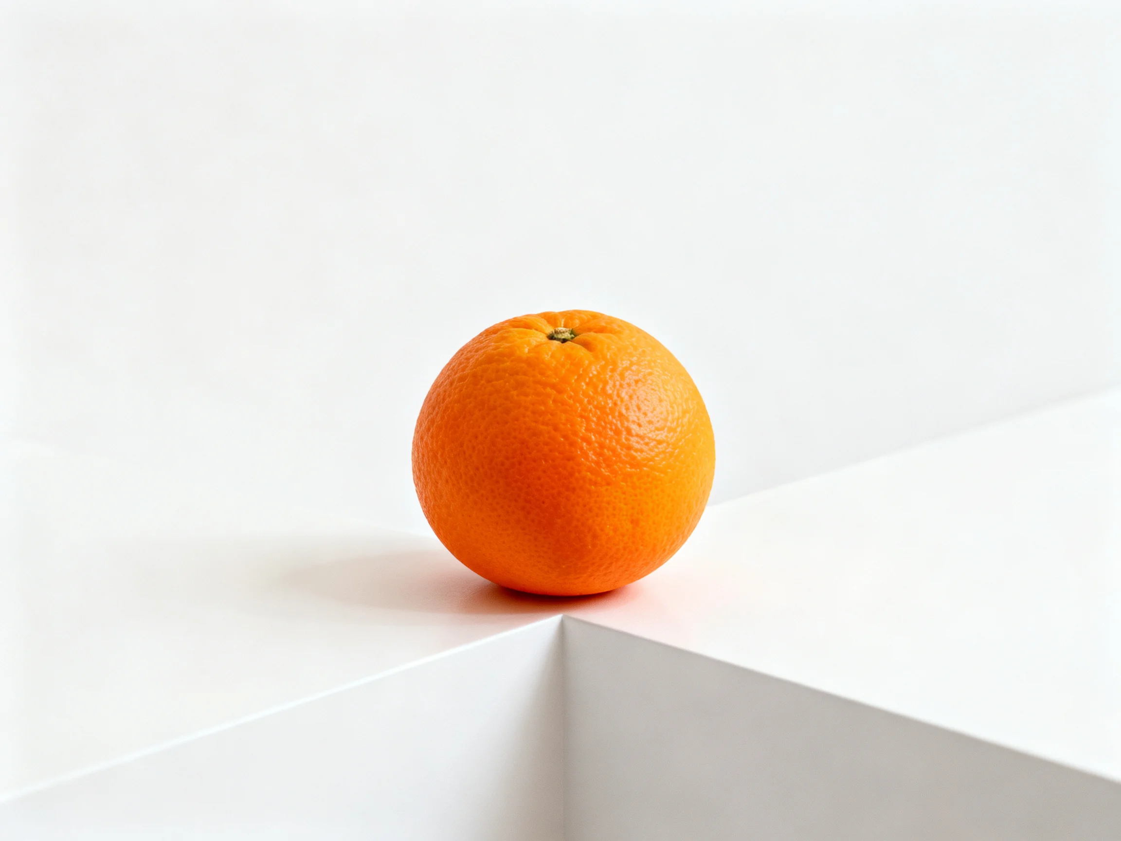 A single bright orange rests on intersecting white surfaces.