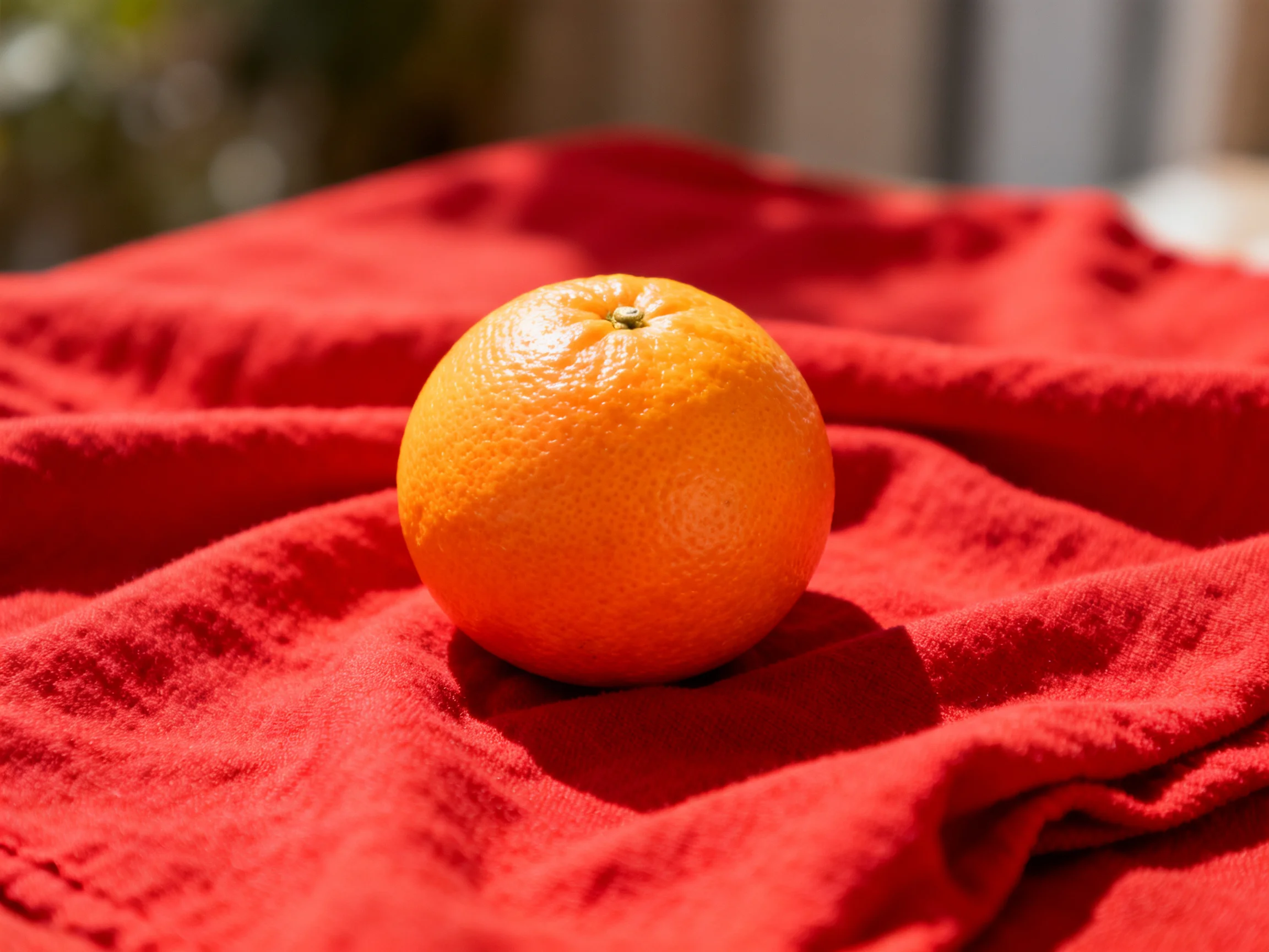 A single bright orange sits on a vibrant red fabric