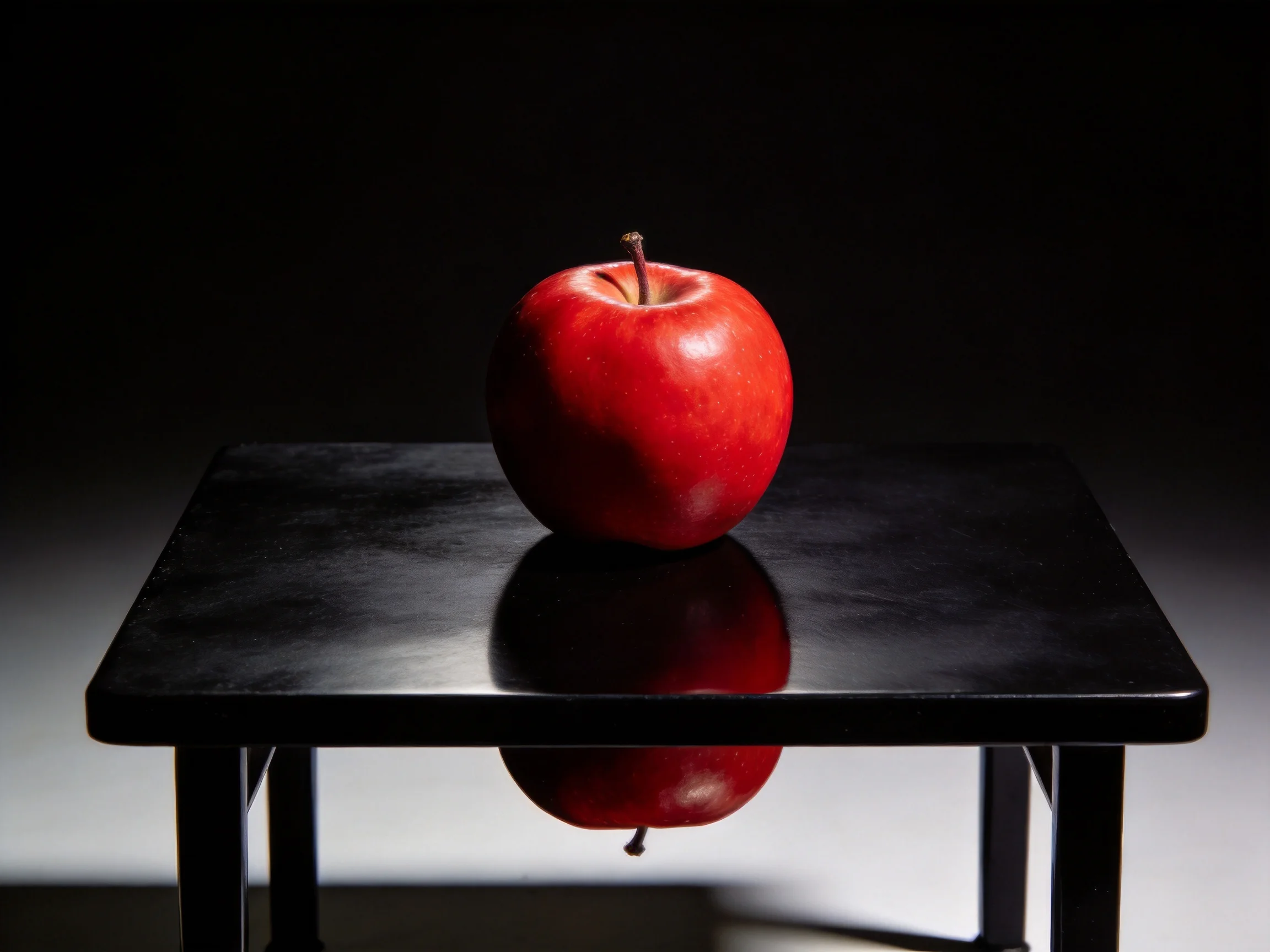 A single bright red apple placed on a glossy black square table