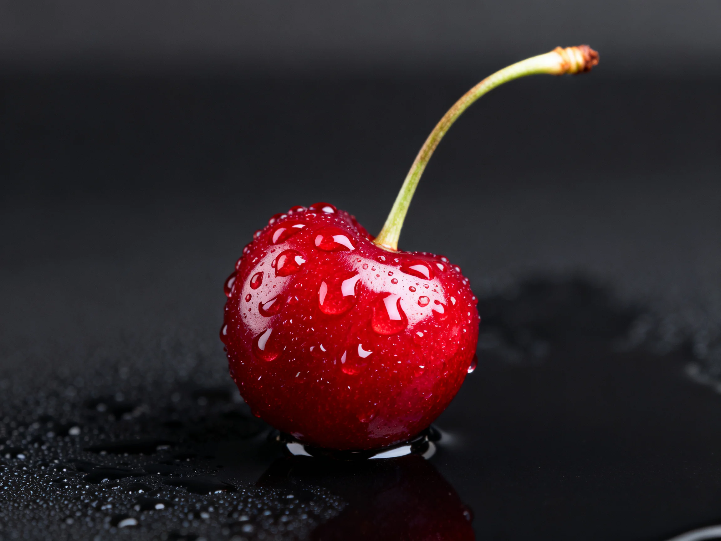 A single bright red cherry with glistening water droplets