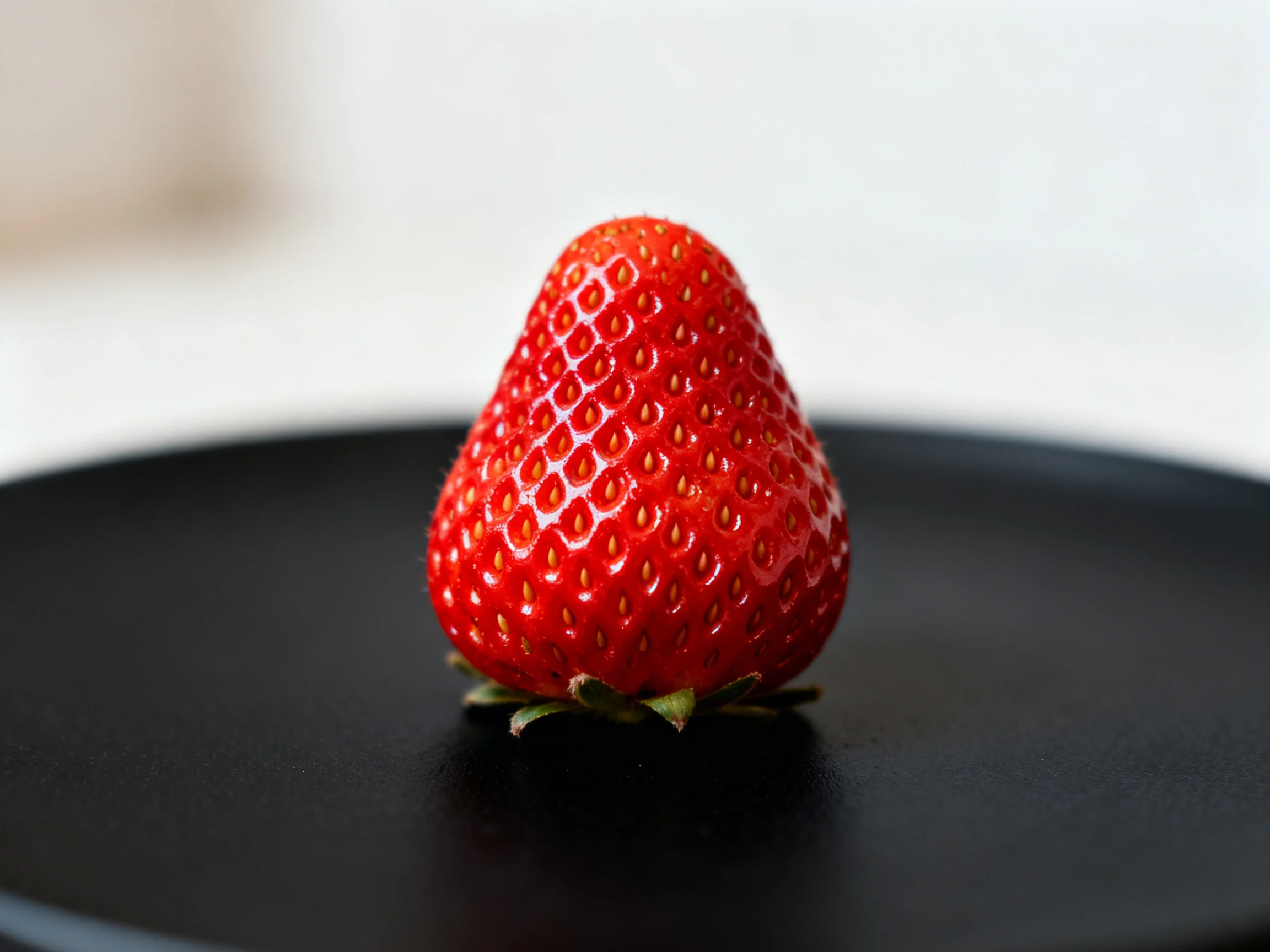 A single bright red strawberry positioned on a sleek black plate